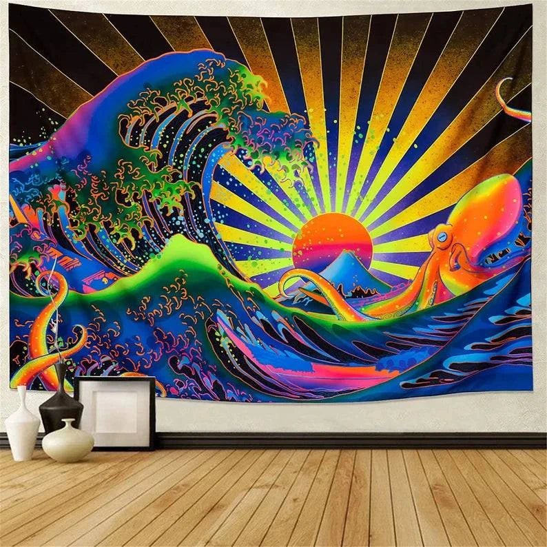 Wavy Sunset Glow in the Dark Tapestry - UV Reactive Wall Art Decor for Bedroom, Dorm Room & Festival Camping