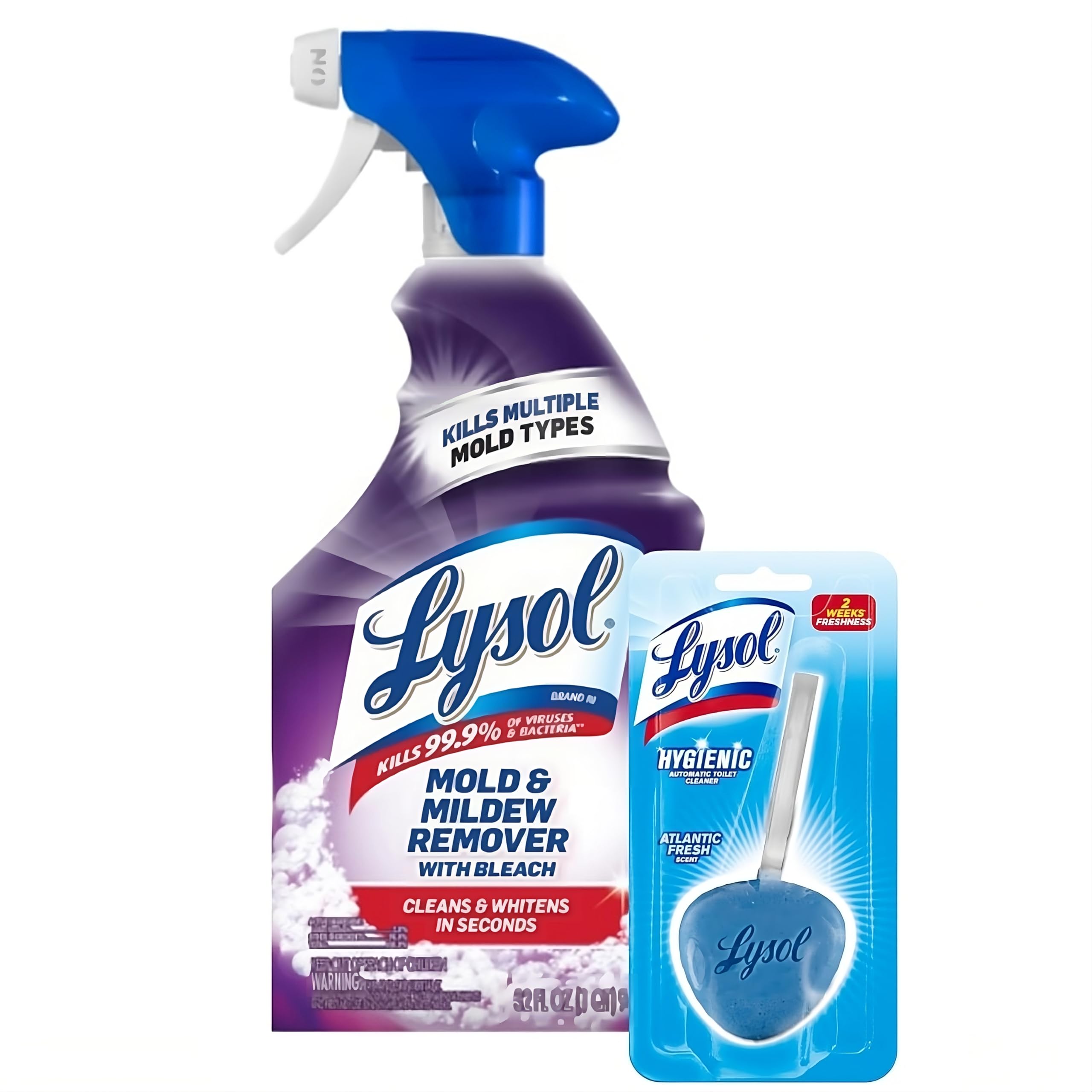 Lysol Bathroom Cleaner Spray with Mold & Mildew Remover | Bleach-Based Formula | 32 Fl Oz (Pack of 1) | Includes 1ct Auto In-The-Bowl Toilet Cleaner | Atlantic Fresh Scent | Ideal for Deep Cleaning Showers, Tubs, Sinks & Toilets