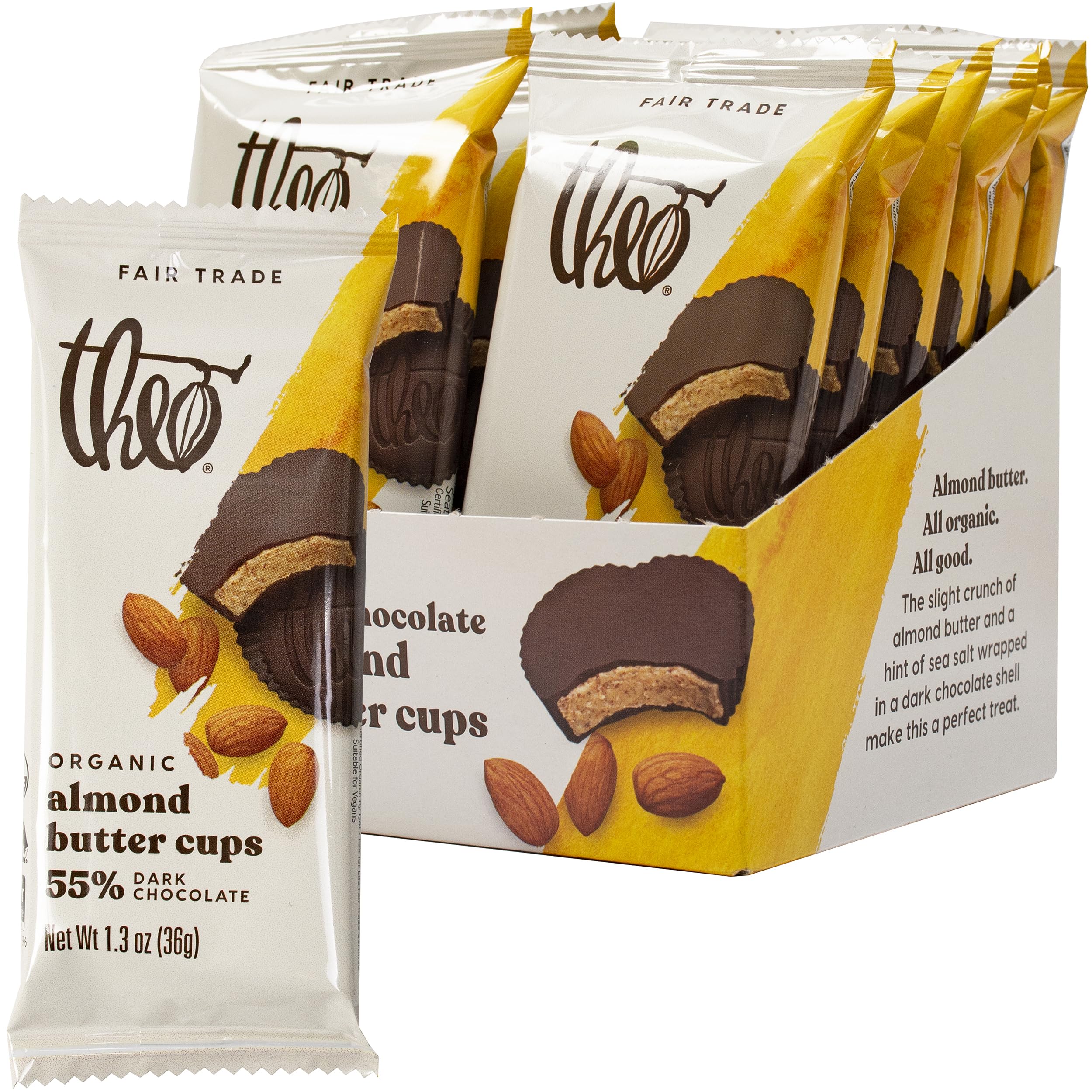 Theo Chocolate Organic Dark Chocolate Salted Almond Butter Cups - 12 Pack | Vegan, Fair Trade Certified | Healthy Snacks, Dessert Gifts & Party Treats