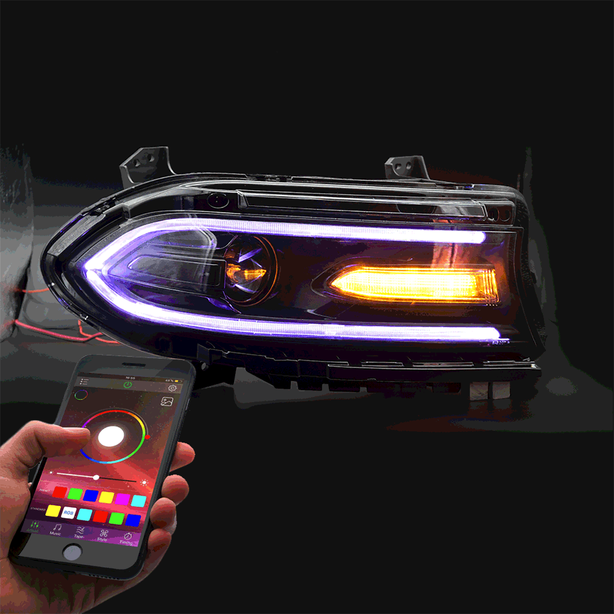 RGB LED Headlight Assembly - Dual Beam Projector - Black - Compatible with 2015-2023 Dodge Charger 7th Gen (LD) - Upgrade Your Night Driving & Car Styling