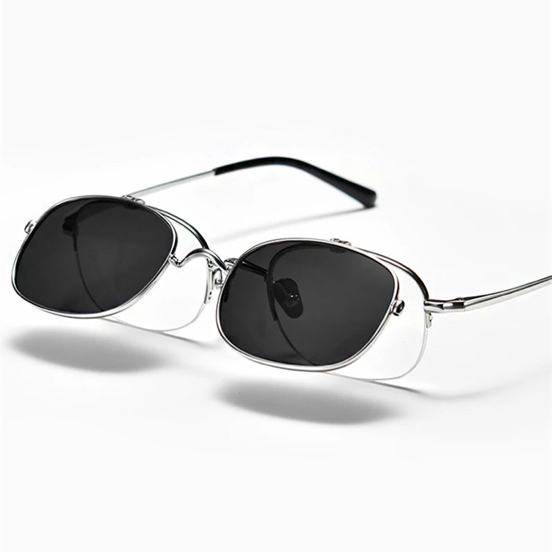 Unisex Black Semi-Rimless Rectangle Titanium Eyeglasses with Clip-On Sunglasses K15 - Stylish & Lightweight for Work, Driving, and Outdoor Activities