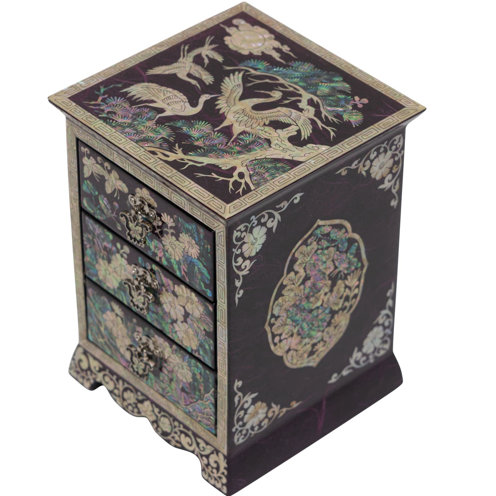 February Mountain Mother of Pearl Wooden Jewelry Box - 3 Drawer Organizer for Necklaces, Earrings, Bracelets & Rings - Elegant Purple Storage Case | Perfect for Bedroom Vanity, Travel & Gift Giving