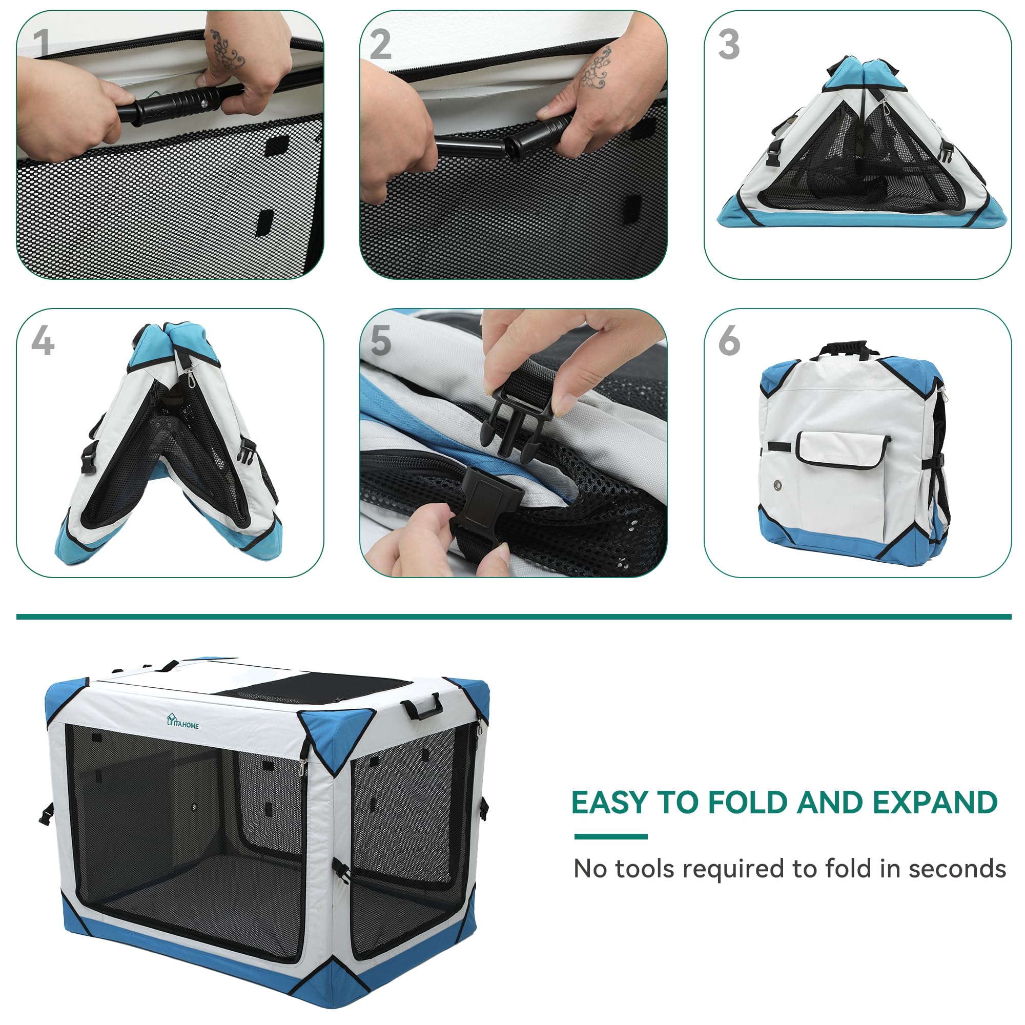 YITAHOME 4-Door Collapsible Dog Crate - Portable Travel Pet Kennel with Breathable Mesh & Soft Mat - Foldable Soft Dog Cage for Indoor Outdoor Use (30