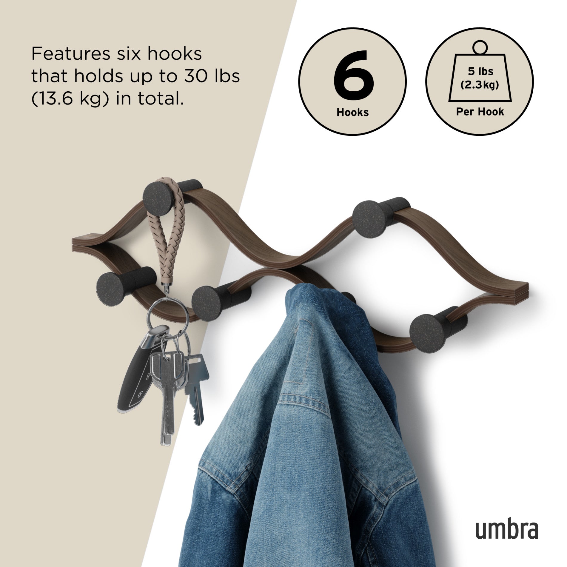 Montage 6 Wall Hook - Heavy Duty Stainless Steel Hooks for Hanging Coats, Hats & Keys - Perfect for Entryway, Garage & Bathroom Organization