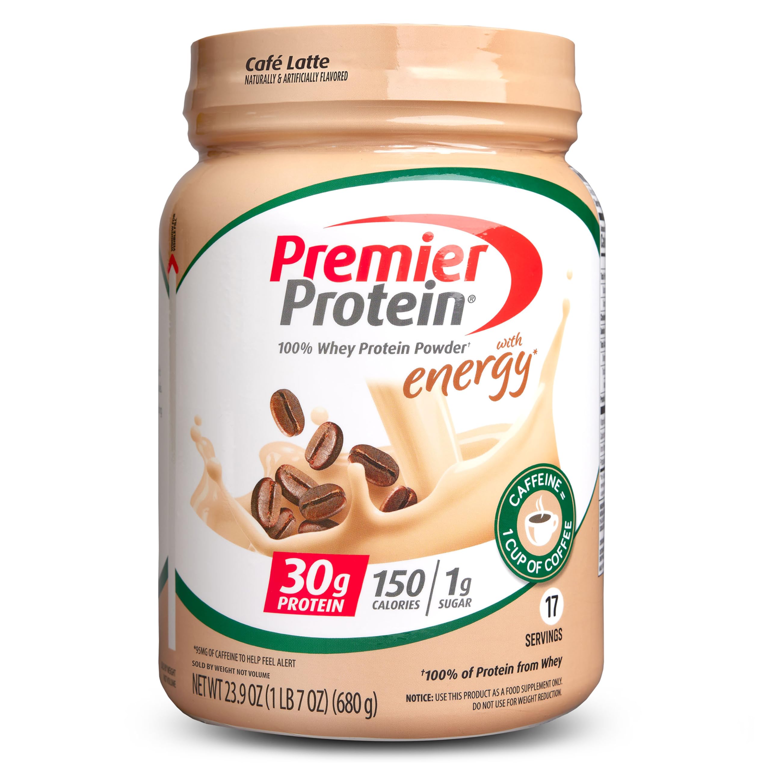 Premier Protein Powder - Cafe Latte Flavor, 30g Protein, 1g Sugar, 100% Whey Protein Isolate | Keto Friendly, Gluten Free, No Soy Ingredients | 17 Servings (23.9oz) for Post-Workout Recovery & Weight Management