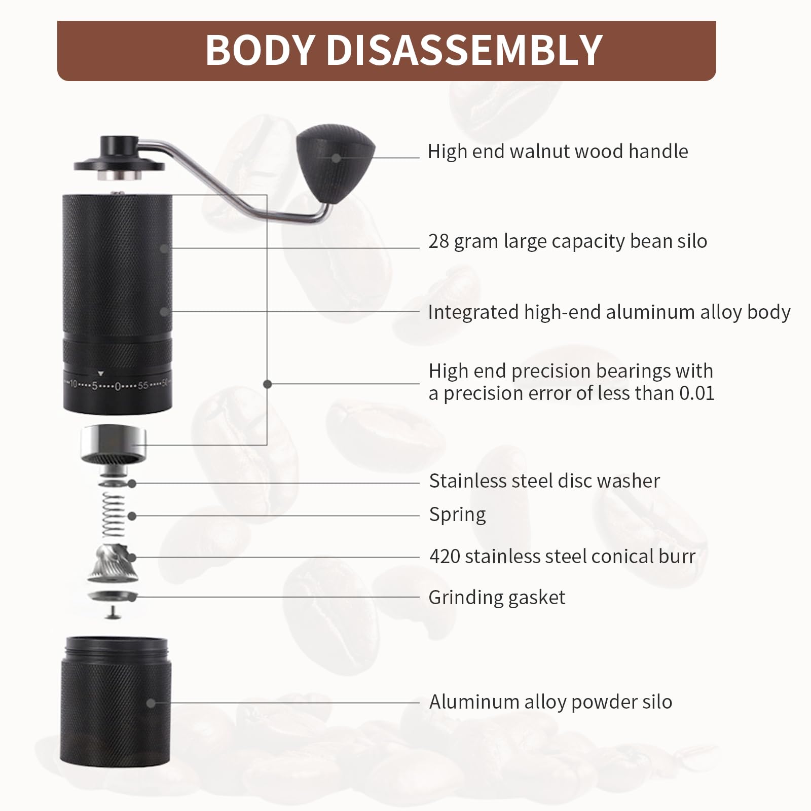 Premium Manual Coffee Grinder - Adjustable Ceramic Burr, Portable Hand Crank Mill with Brush & Stainless Steel Filter - Perfect for Camping, Travel & Home Brewing (Black)