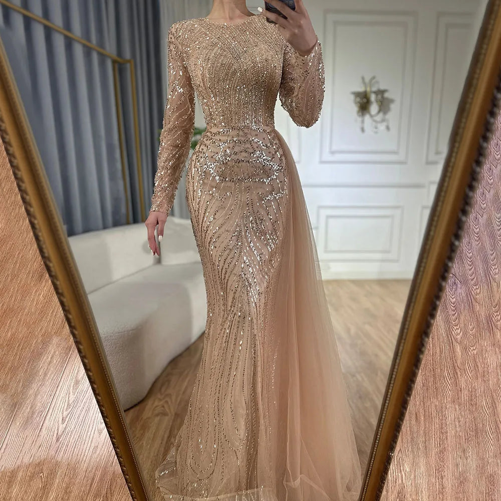 Luxury Dubai Caramel Beaded Mermaid Evening Gown with Overskirt - Arabic Formal Dress for Women - Elegant Long Prom Gown for Weddings, Galas & Special Occasions - LA71673A