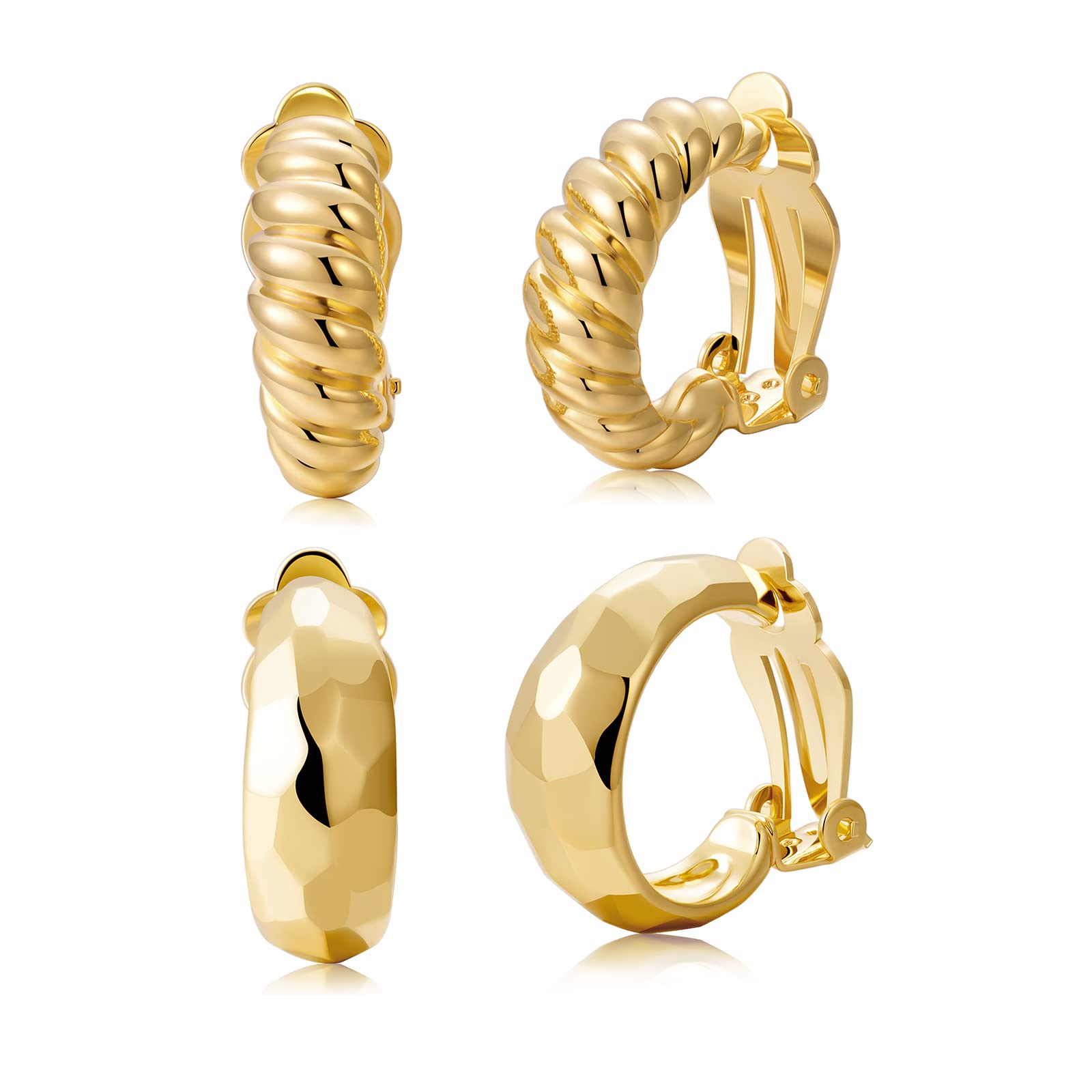 14K Gold Clip-On Hoop Earrings for Women - Hypoallergenic Non-Pierced Croissant Earrings | Perfect for Sensitive Ears, Weddings & Special Occasions