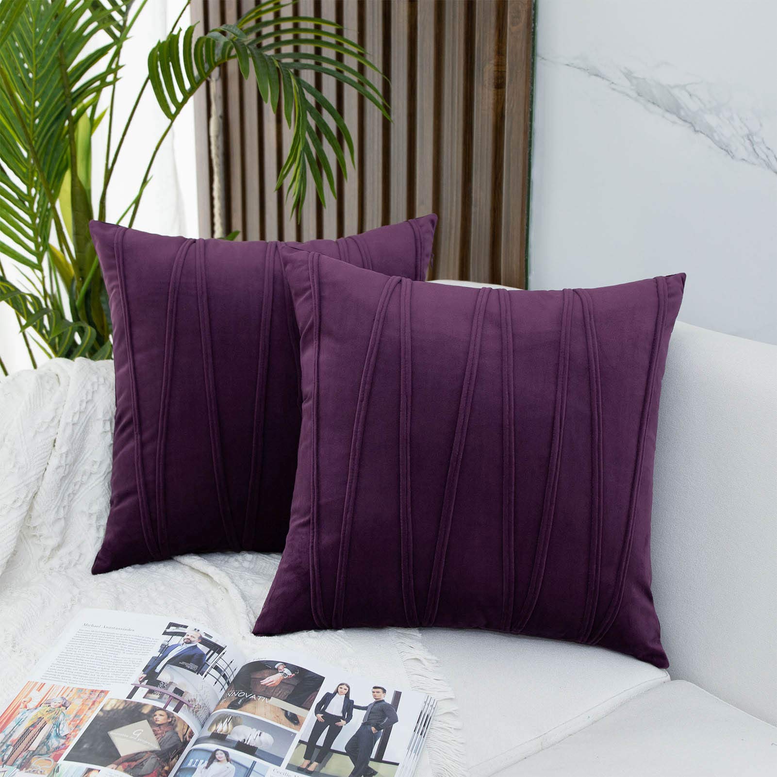 JUSPURBET Velvet Striped Decorative Throw Pillow Covers - Set of 2 (20x20 Inches) - Soft Cushion Covers for Sofa, Couch & Bed - Eggplant Purple - Perfect for Living Room, Bedroom & Home Decor