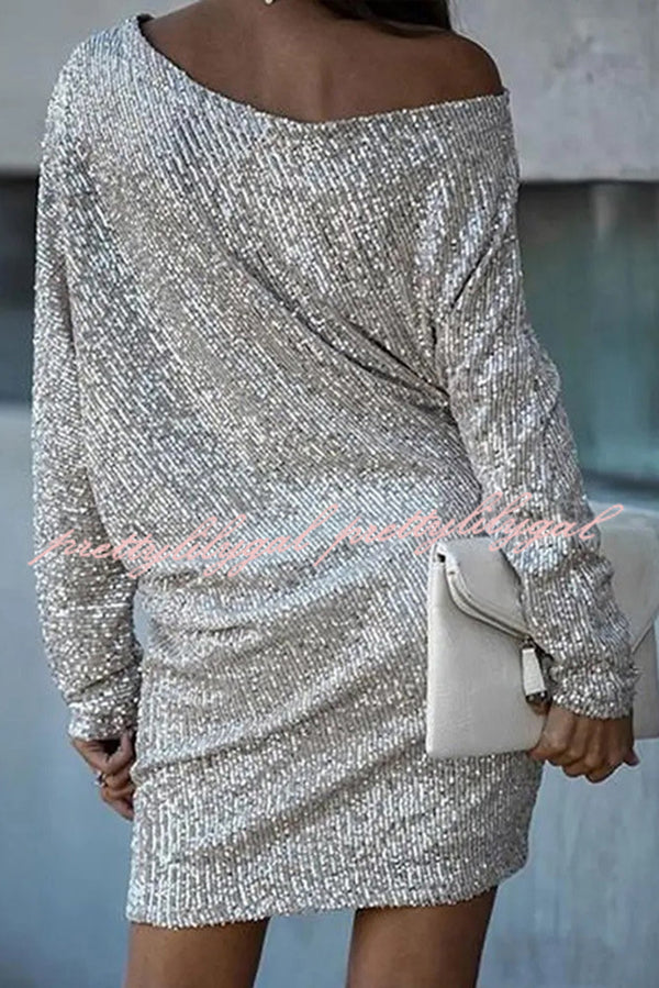 Elegant Solid Sequined Off-Shoulder Loose Mini Dress for Women - Perfect for Parties, Date Nights & Special Occasions