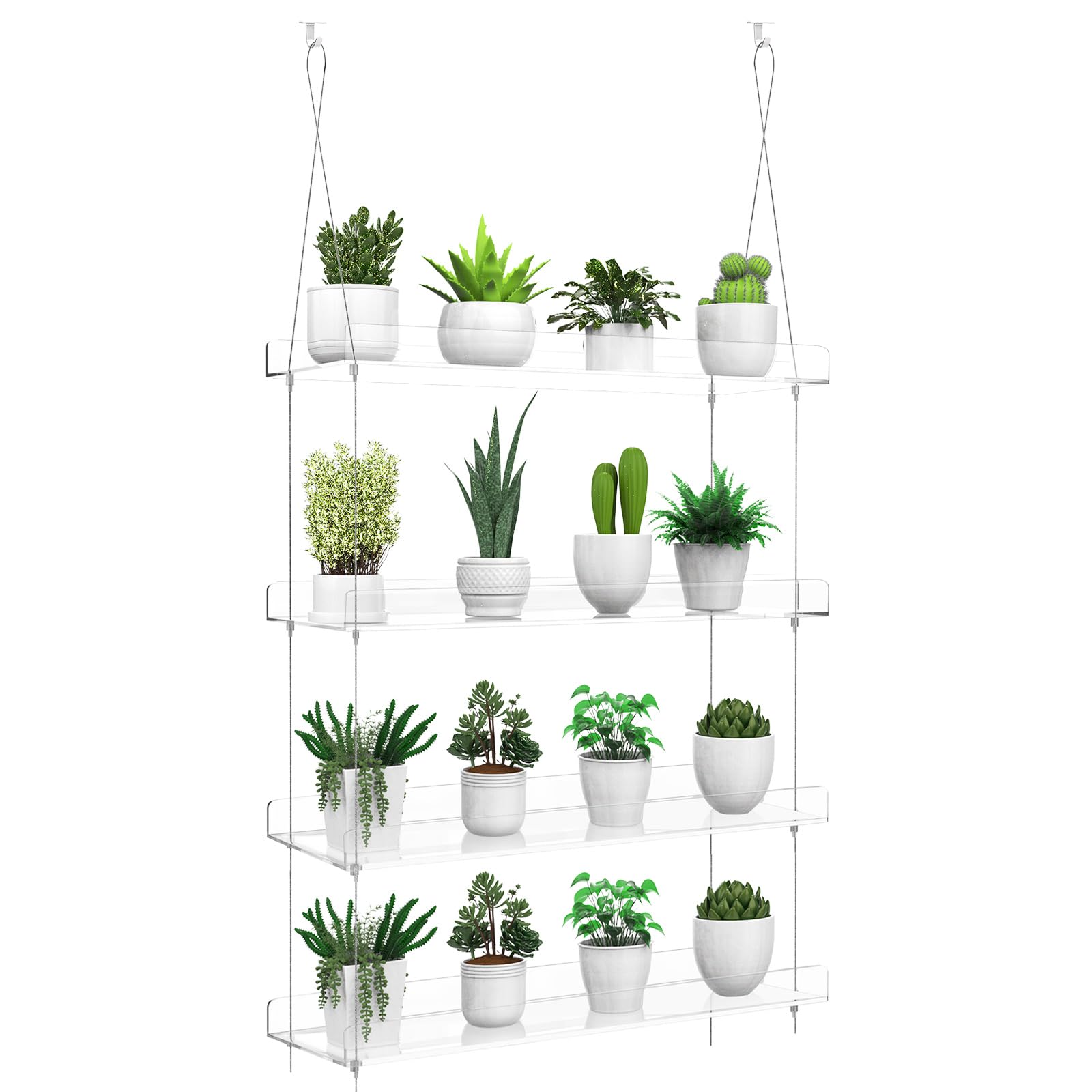 4-Tier Clear Acrylic Hanging Plant Shelf for Windows - 16 Inch per Tier - Perfect for Indoor Gardens, Succulents, Herbs & Flower Pots - Ideal for Kitchen, Living Room & Balcony Plant Display