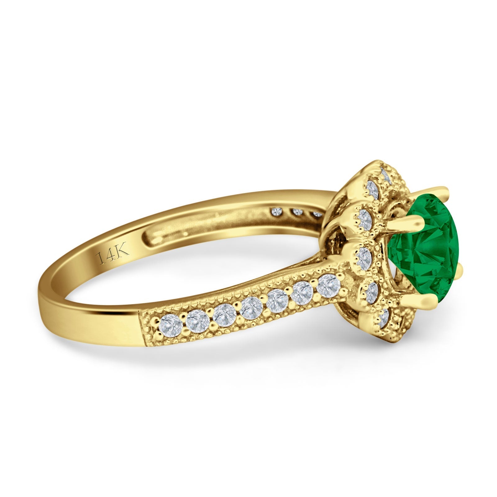 14K Yellow Gold Round Green Emerald CZ Vintage Style Flower Ring for Women - Elegant Jewelry Gift for Bridesmaids, Anniversary, Valentine's Day