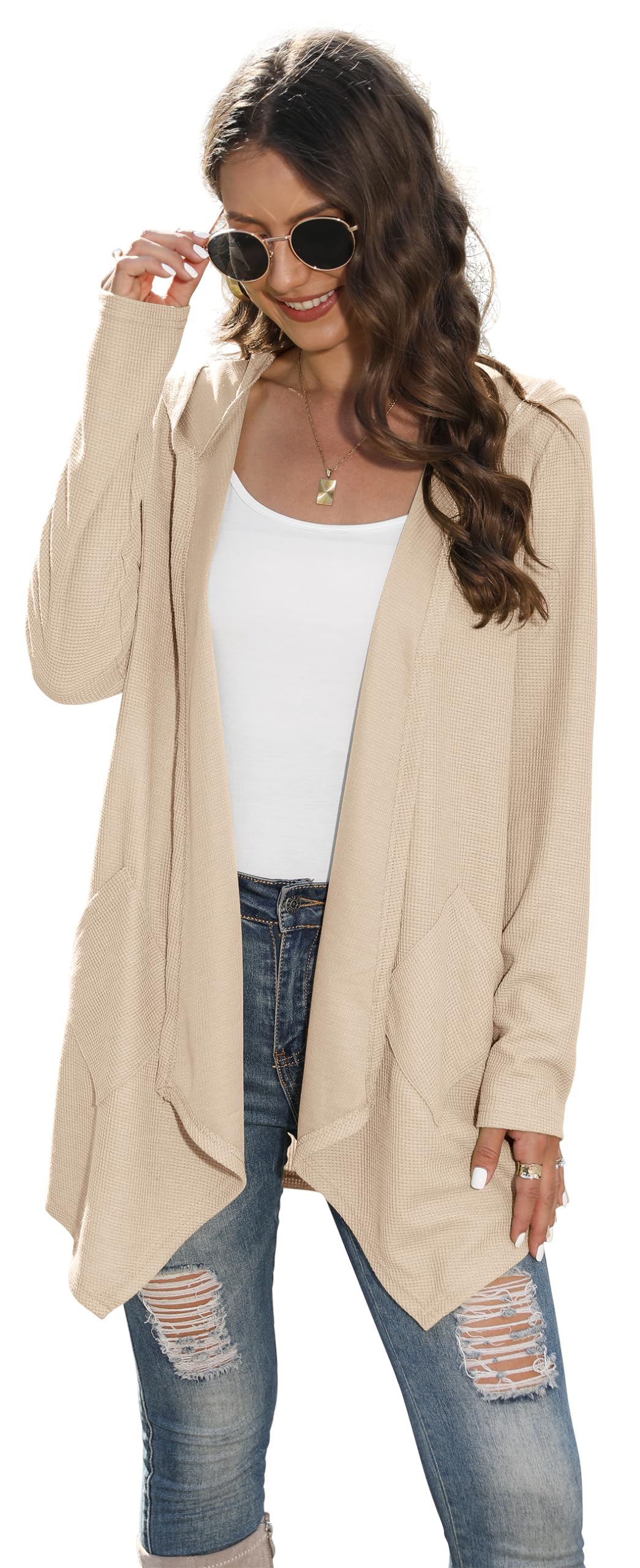 VIISHOW Women's Lightweight Casual Hoodie Cardigan - Open Front Waffle Knit Long Sleeve Coat with Pockets | Perfect for Layering, Lounge Wear & Outdoor Activities