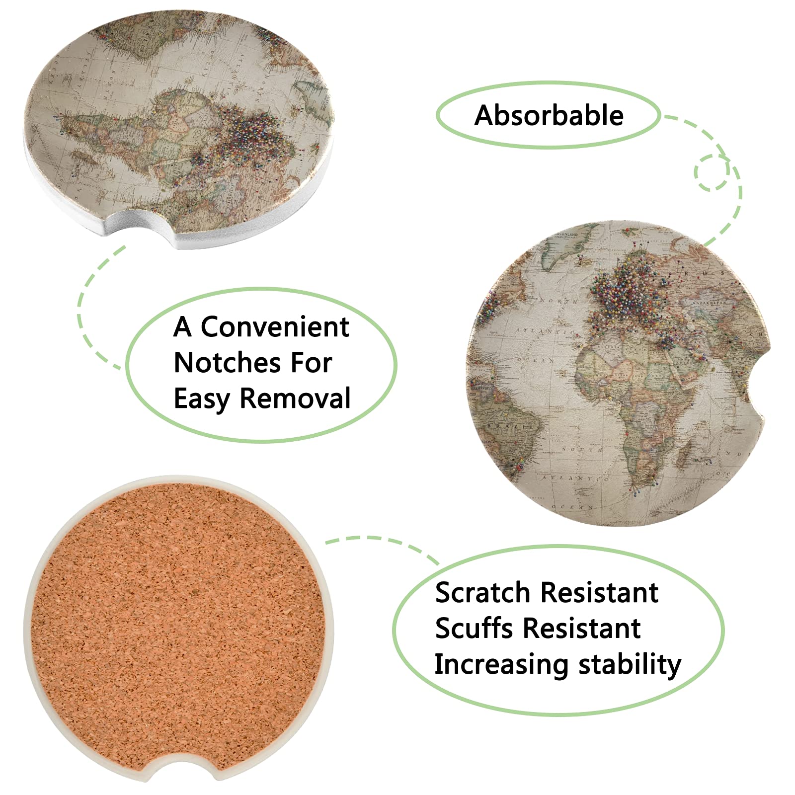 Xigua World Map Car Coasters 2 Pack - Absorbent Ceramic Stone Cup Holder Coasters with Fingertip Grip for Car, Office, and Home Use