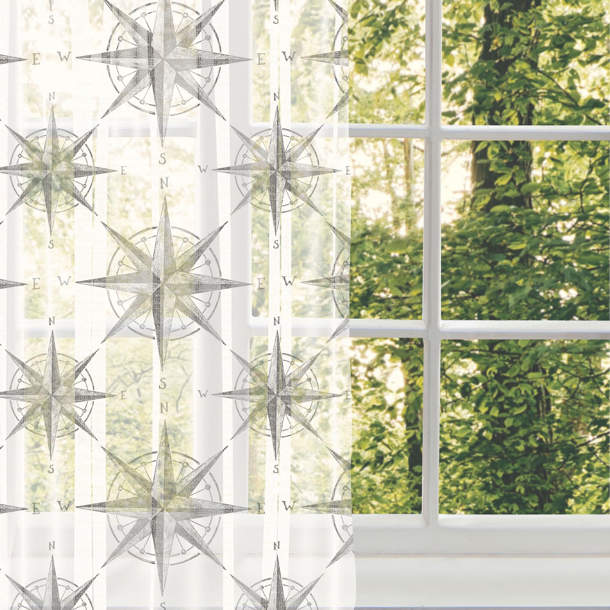 Ambesonne Compass Tulle Curtains - Black & White Nautical Windrose Design, Sheer Window Drapes with Rod Pocket, 108