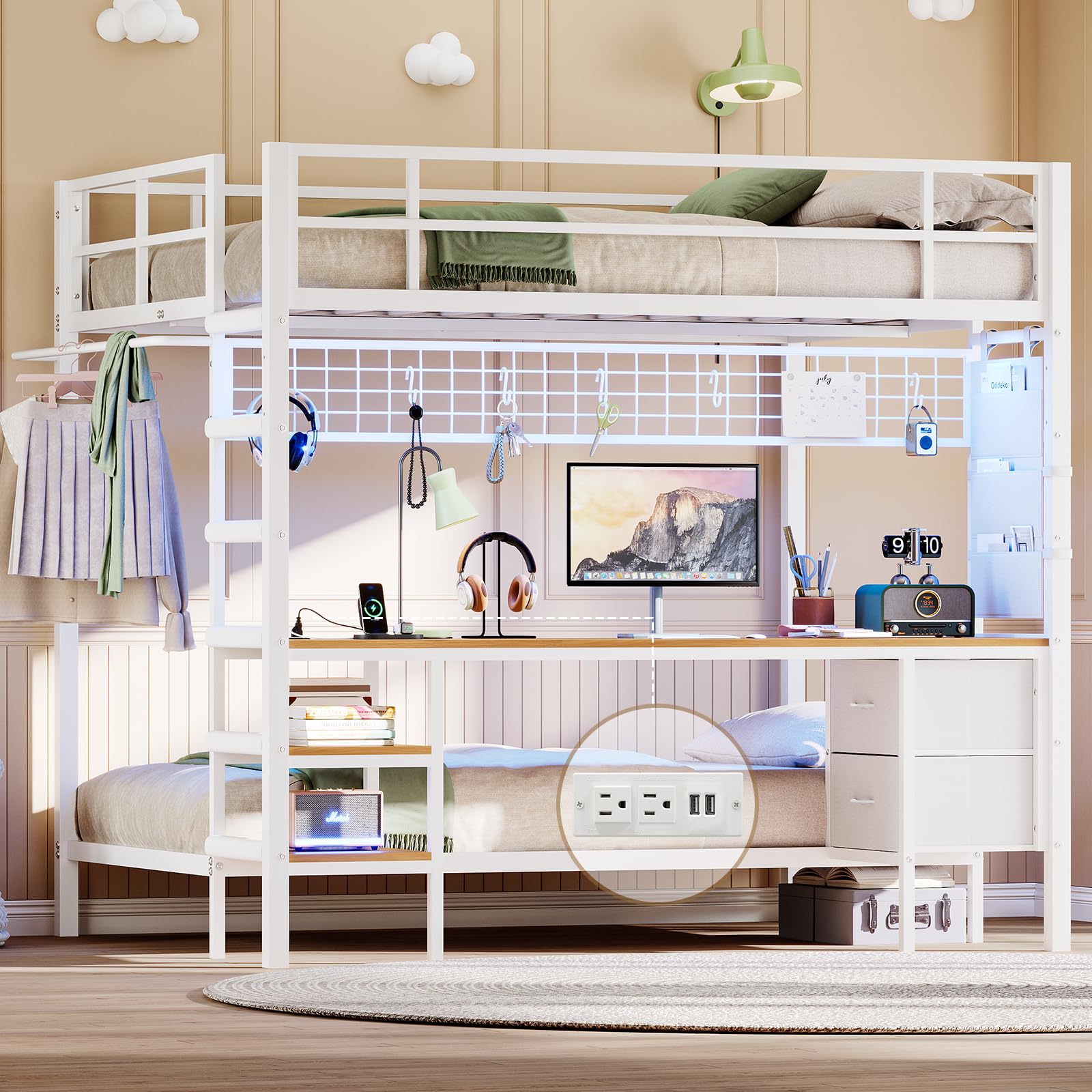 **Full Over Twin Bunk Bed with Desk & LED Lights - Metal Loft Bed Frame with Charging Station, Storage Shelves, Drawers - Safe for Teens & Adults - No Box Spring Needed - White - Perfect for Small Rooms, Dorms & Apartments**