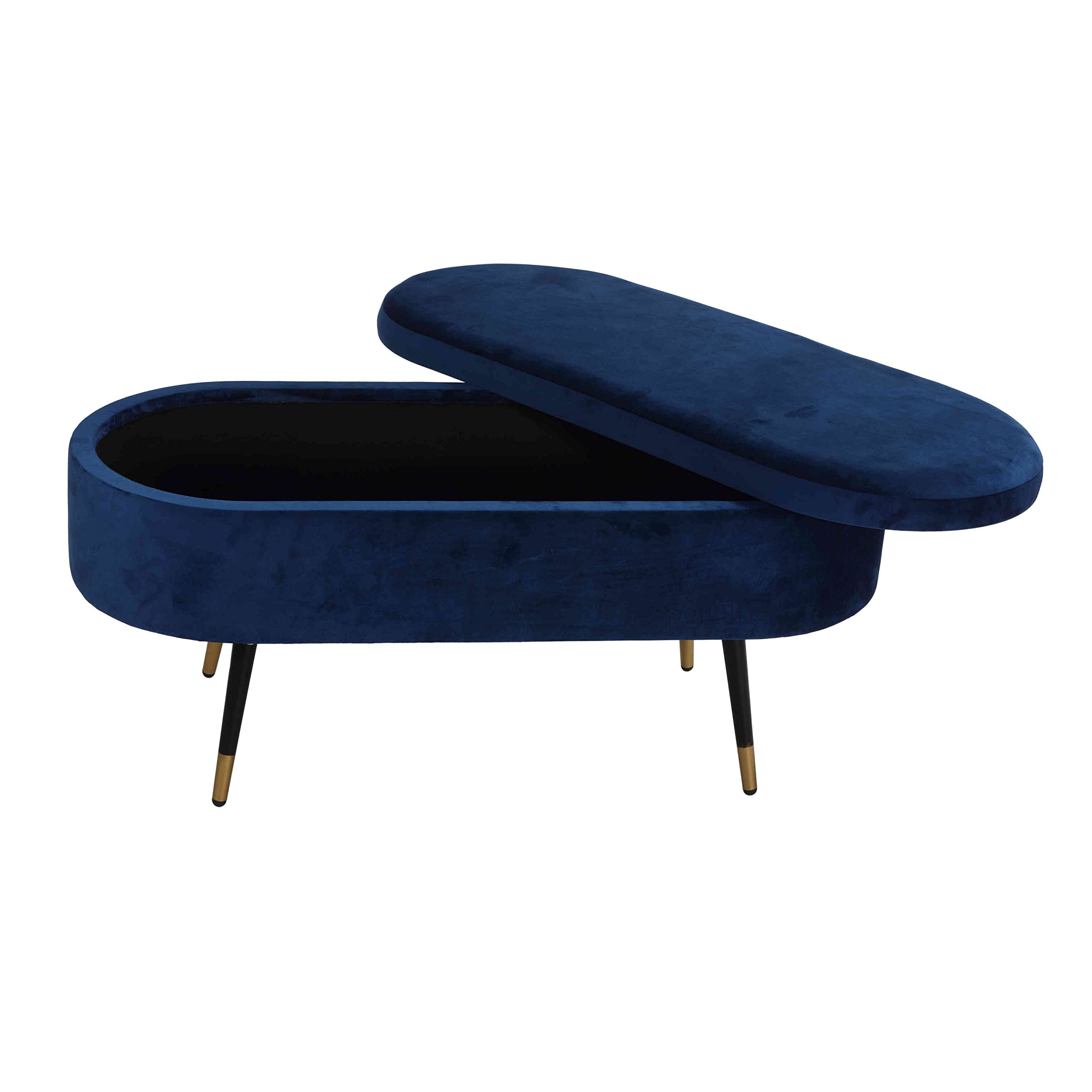 Cortesi Home Ruslan Navy Blue Oval Storage Ottoman - Upholstered Footrest Bench with Hidden Storage for Living Room, Bedroom & Entryway