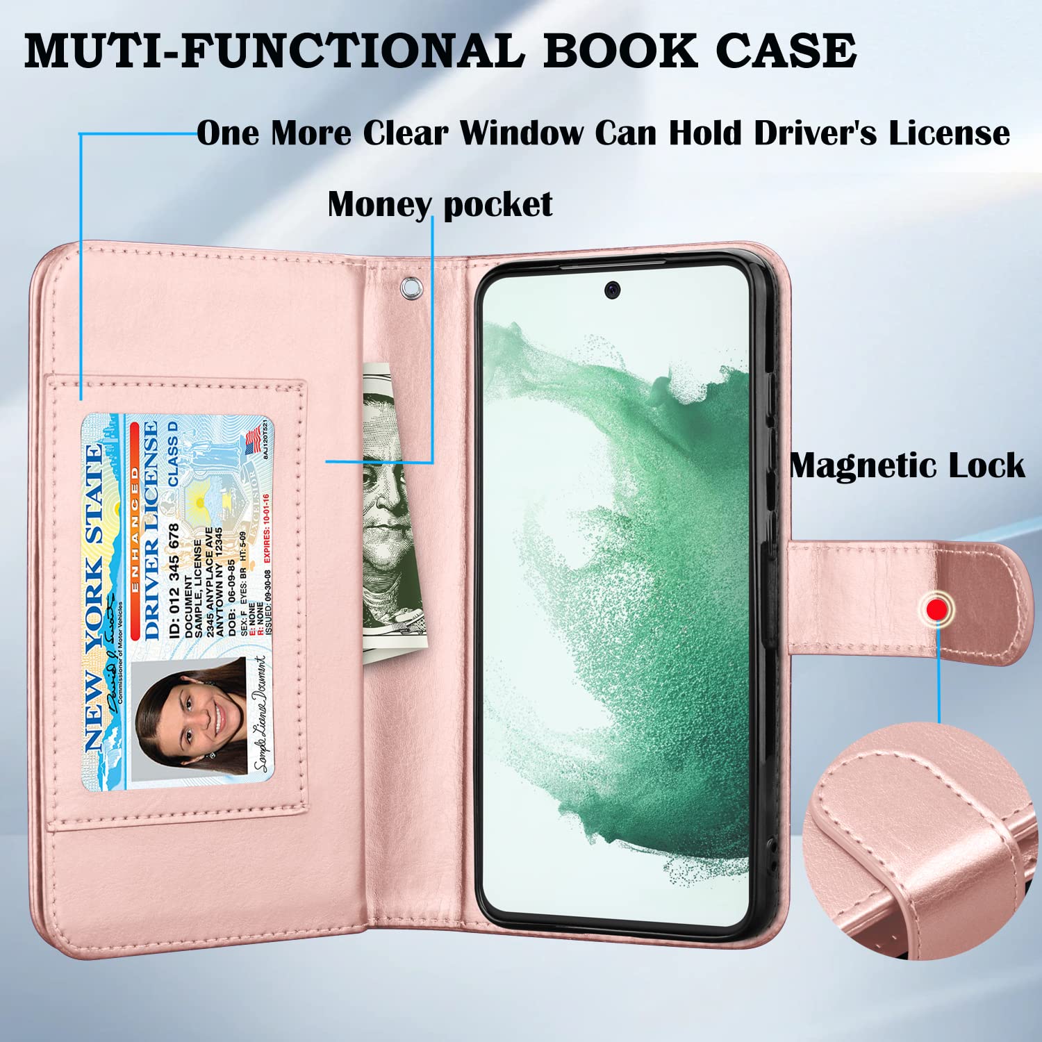 Premium PU Leather Wallet Case for Samsung Galaxy S22 Plus - 9 Card Slots, Detachable Magnetic Flip Cover with Kickstand & Wrist Strap (Rose Gold) | Perfect for Business, Travel & Everyday Use
