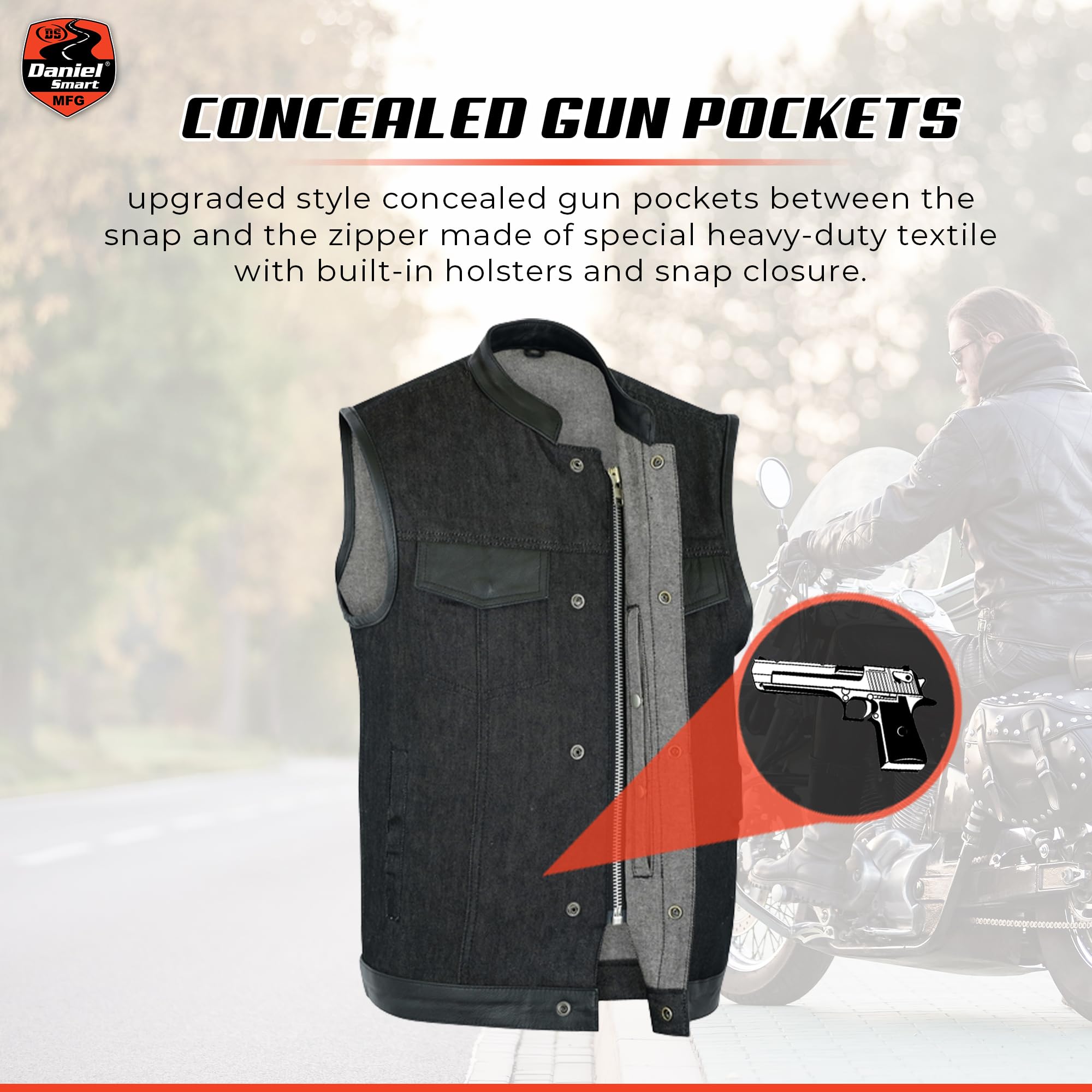 Daniel Smart Biker Vest for Men - Black Denim Motorcycle Vest with Leather Trim & Hidden Weapon Pocket | Perfect for Riding, Outdoor Adventures & Concealed Carry