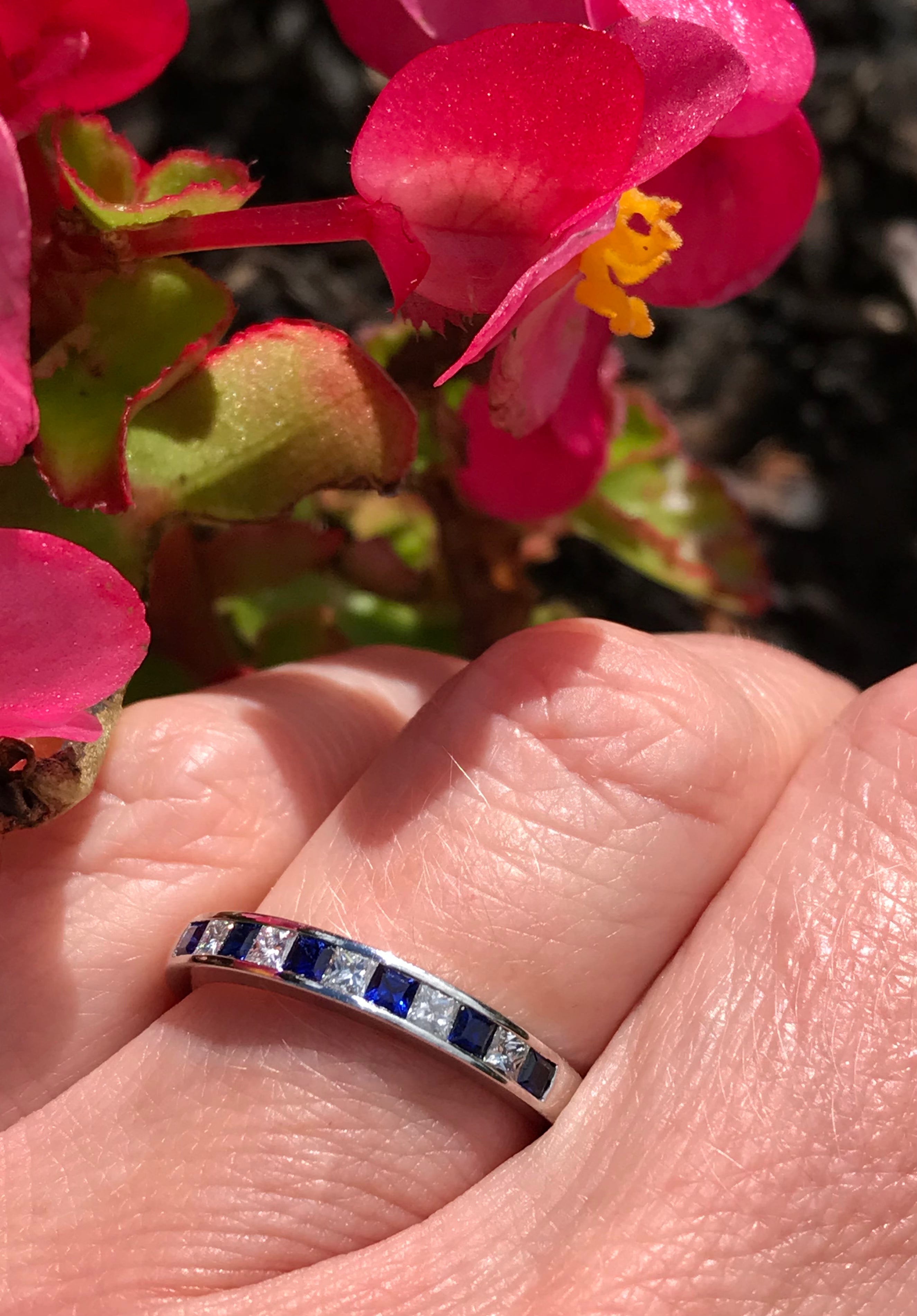 Platinum Sapphire & Diamond Half Eternity Ring for Women - Elegant Wedding Band, Anniversary Gift, or Engagement Jewelry - Perfect for Special Occasions & Everyday Luxury