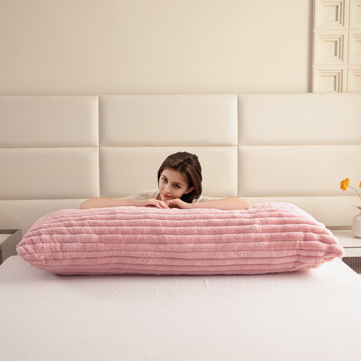 MAXYOYO Ultra Soft Striped Faux Fur Body Pillow - 20x54 Inch Long Hugging Pillow for Adults, Pink - Perfect for Side Sleepers, Pregnancy Support & Couch Lounging