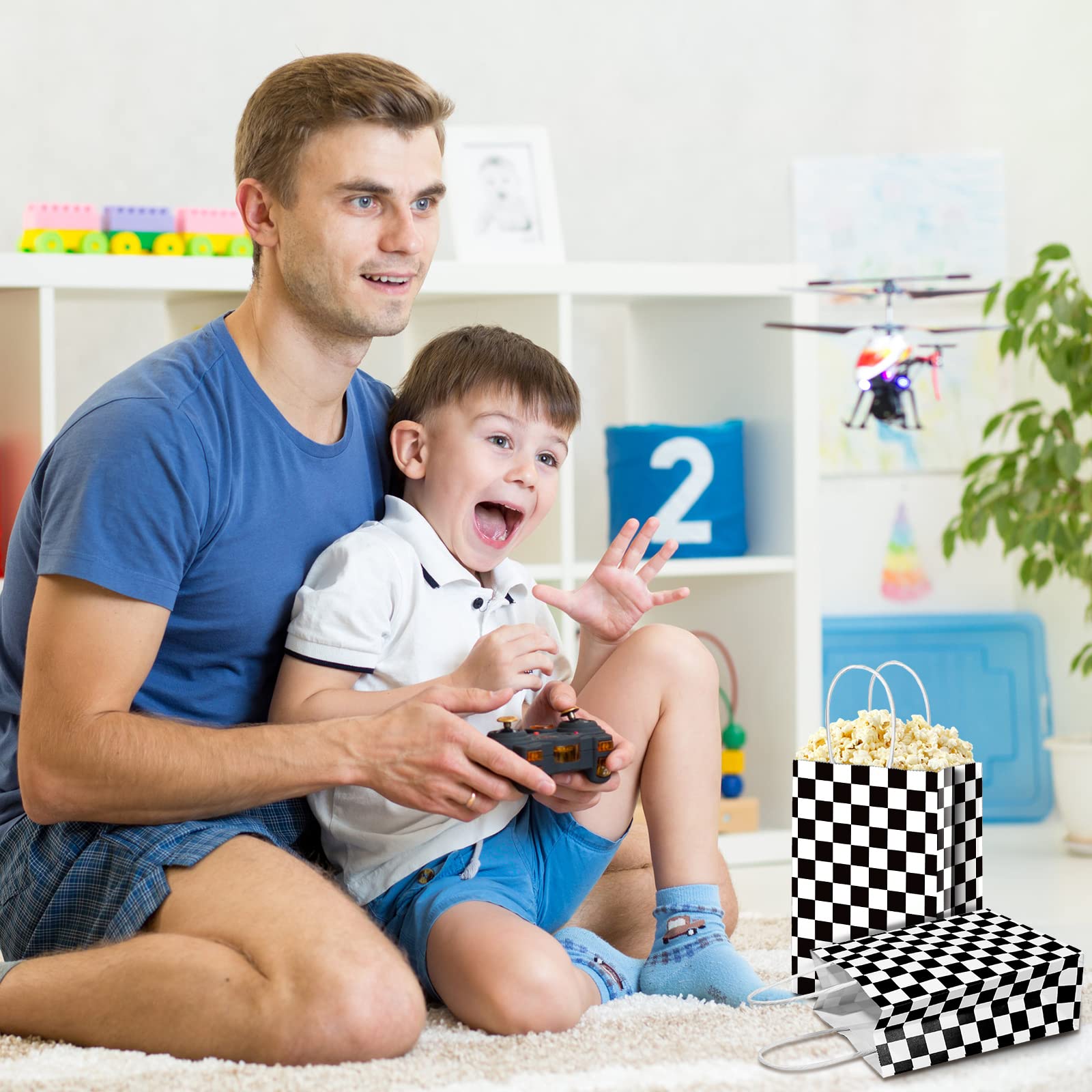 Epakh 16 Pcs Checkered Racing Treat Bags - Black & White Race Car Party Favors with Handles - Themed Birthday Party Supplies - Perfect for Race Car Birthday Parties, Candy Goodie Bags, and Checkered Flag Decorations