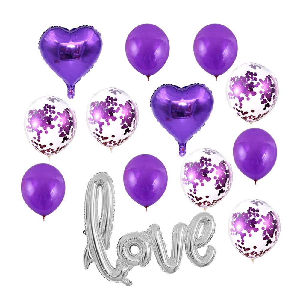 Amosfun 13-Piece Valentine's Day Love Decor Balloon Set - 1 Love Balloon, 2 18-Inch Heart Balloons, 5 12-Inch Latex & 5 Glitter Balloons - Purple Party Decorations for Anniversary, Wedding, Birthday & Romantic Celebrations
