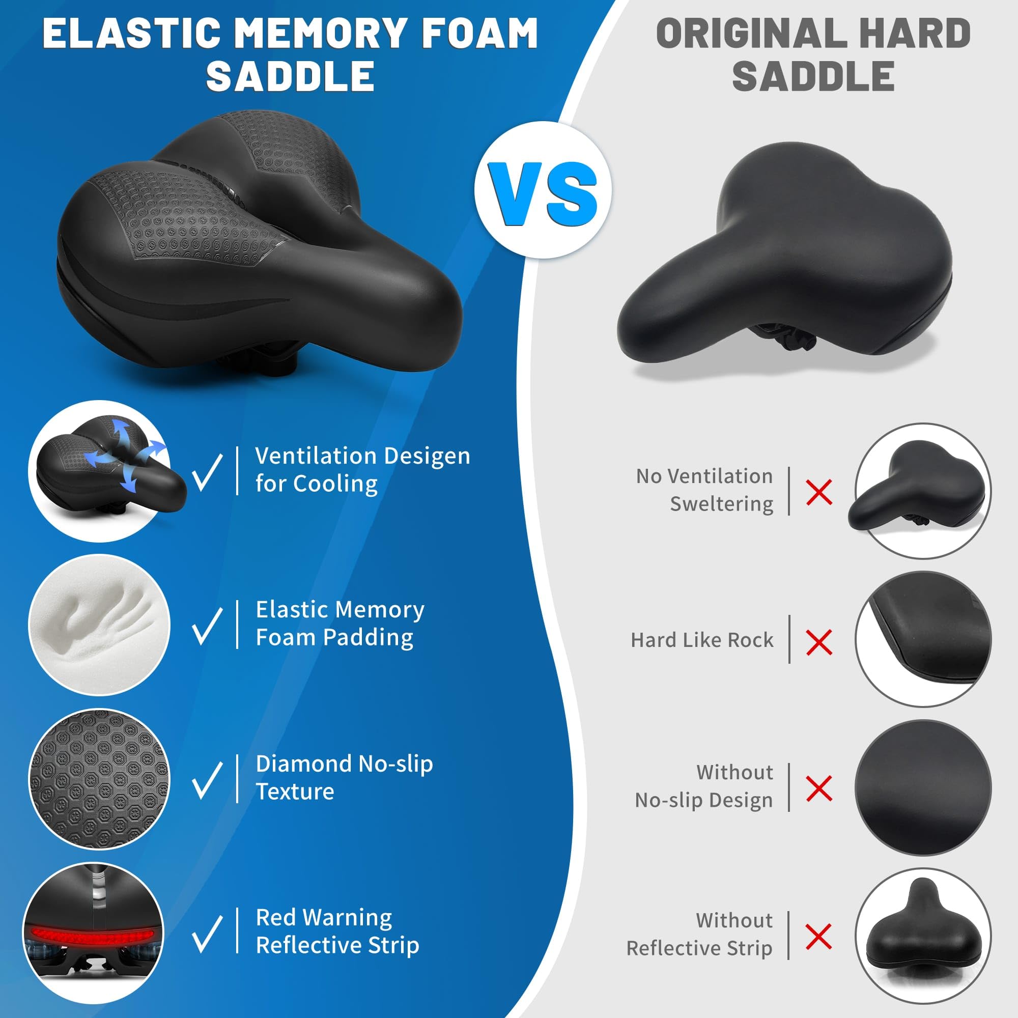 Comfortable Memory Foam Bike Seat for Men & Women - Thick Soft Bicycle Saddle Cushion - Universal Replacement for Mountain Bike, Ebike, Beach Cruiser & Stationary Bikes - Perfect for Commuting, Leisure Riding & Long-Distance Cycling