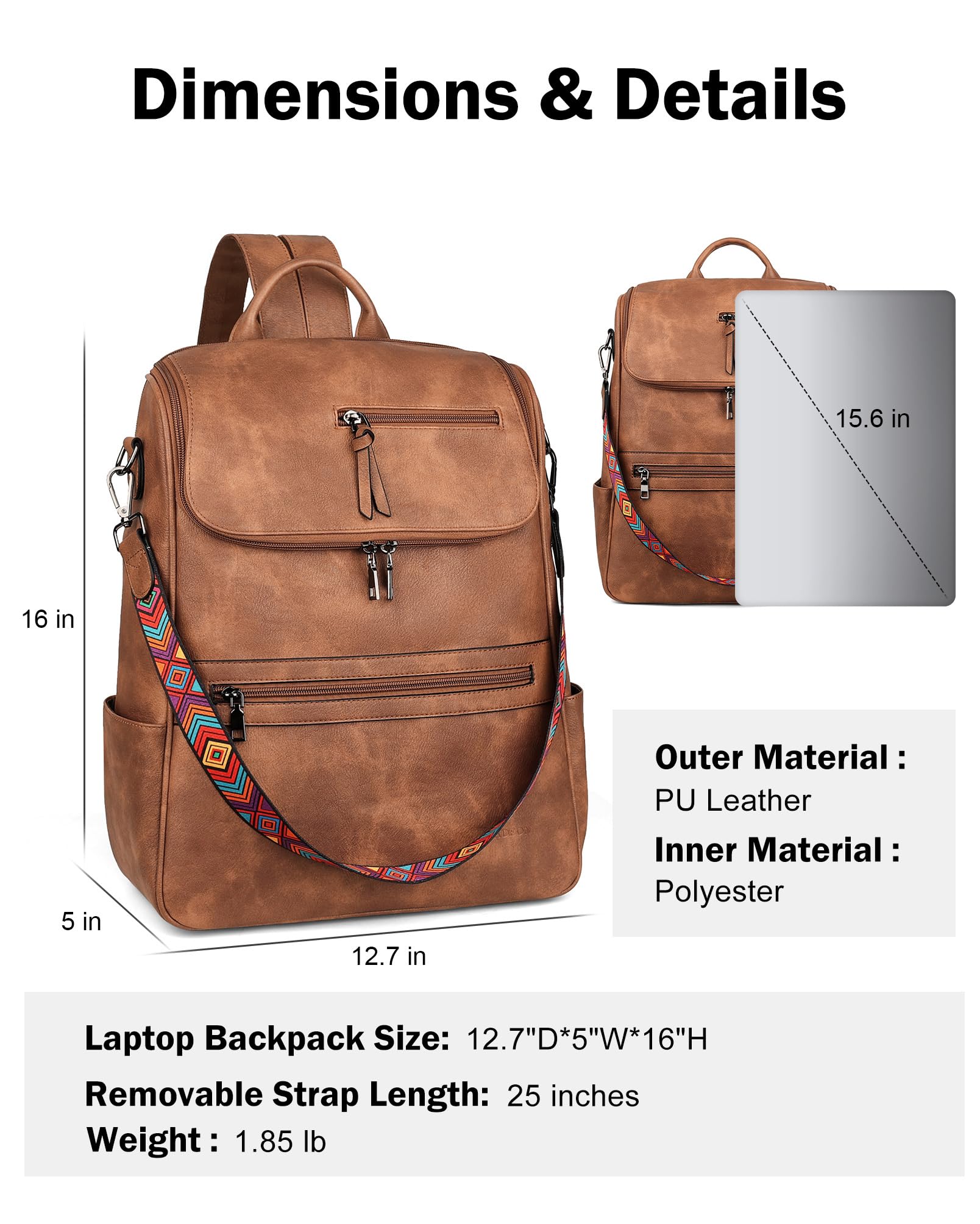 FADEON Women's Leather Laptop Backpack - Stylish Brown Designer Travel Backpack with Laptop Compartment, Perfect for Work, School & Travel