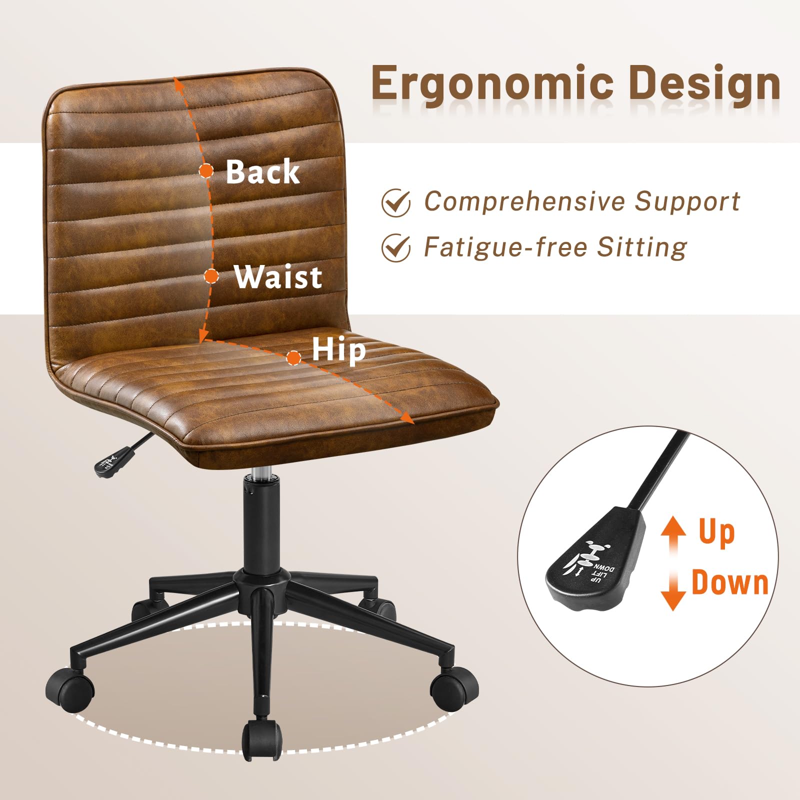Furniliving Genuine Leather Home Office Chair - Armless Vanity Desk Task Chair with 360° Swivel Wheels & Adjustable Height - Modern Computer Rolling Chair with Gold Metal Base - Perfect for Home Office, Study Room, and Workspace