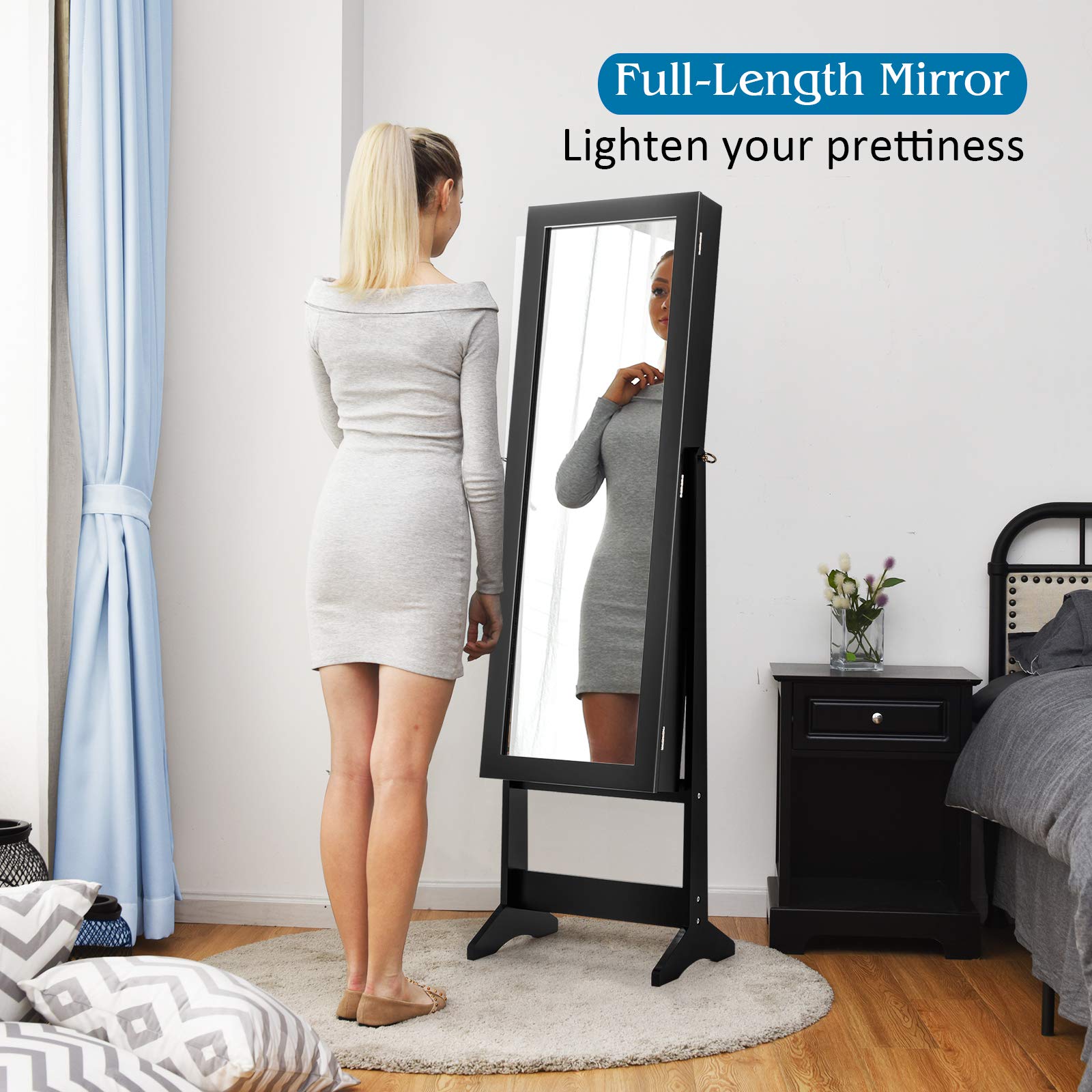 GOFLAME Jewelry Cabinet Organizer with Full Length Mirror Door - Freestanding Makeup Mirror Storage with Large Capacity for Necklaces, Rings & Accessories - Perfect for Bedroom, Closet & Dressing Room (Black)