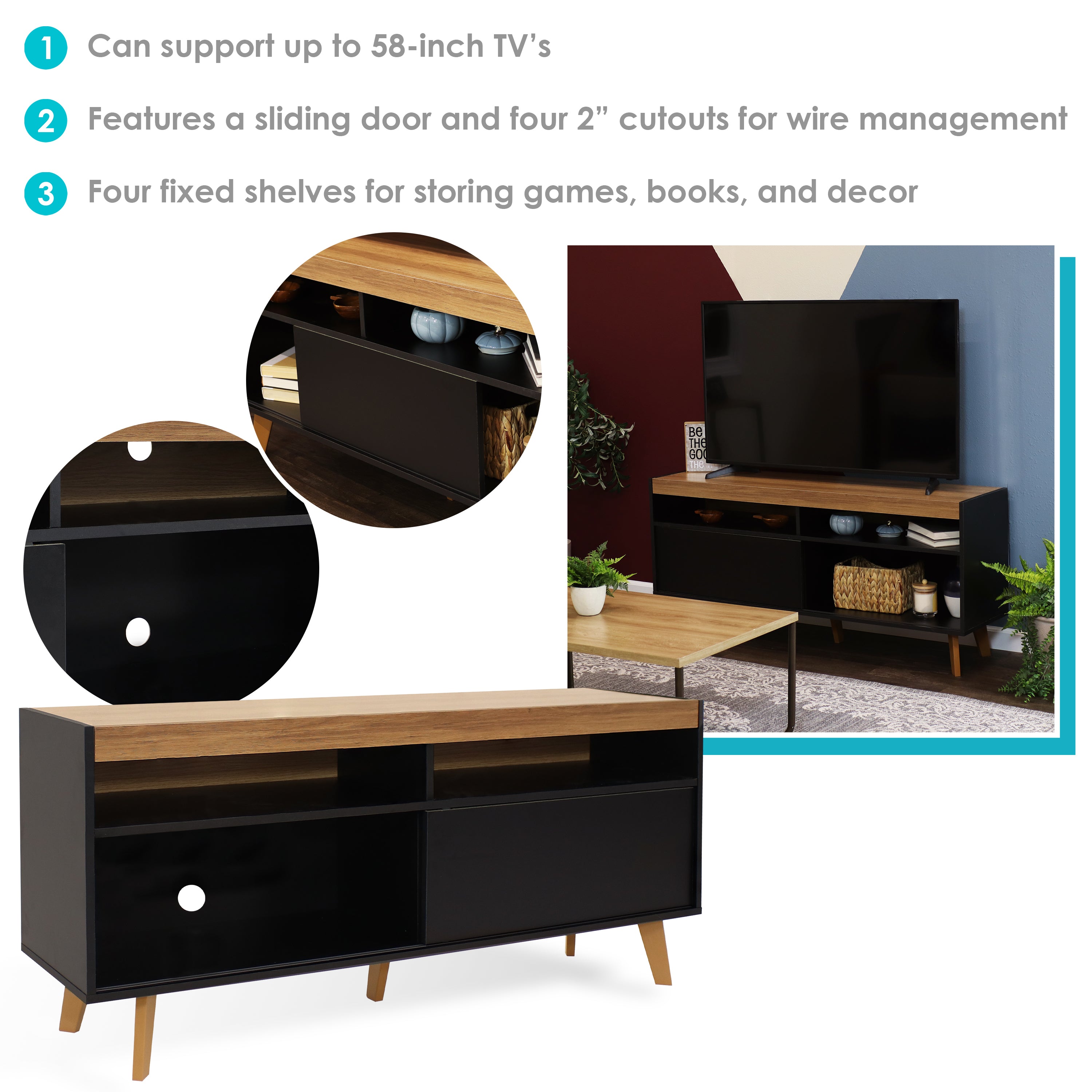 Mid Century Modern TV Stand for 58 Inch Flat Screen - Sunnydaze Retro Entertainment Center with Storage for Living Room & Home Theater
