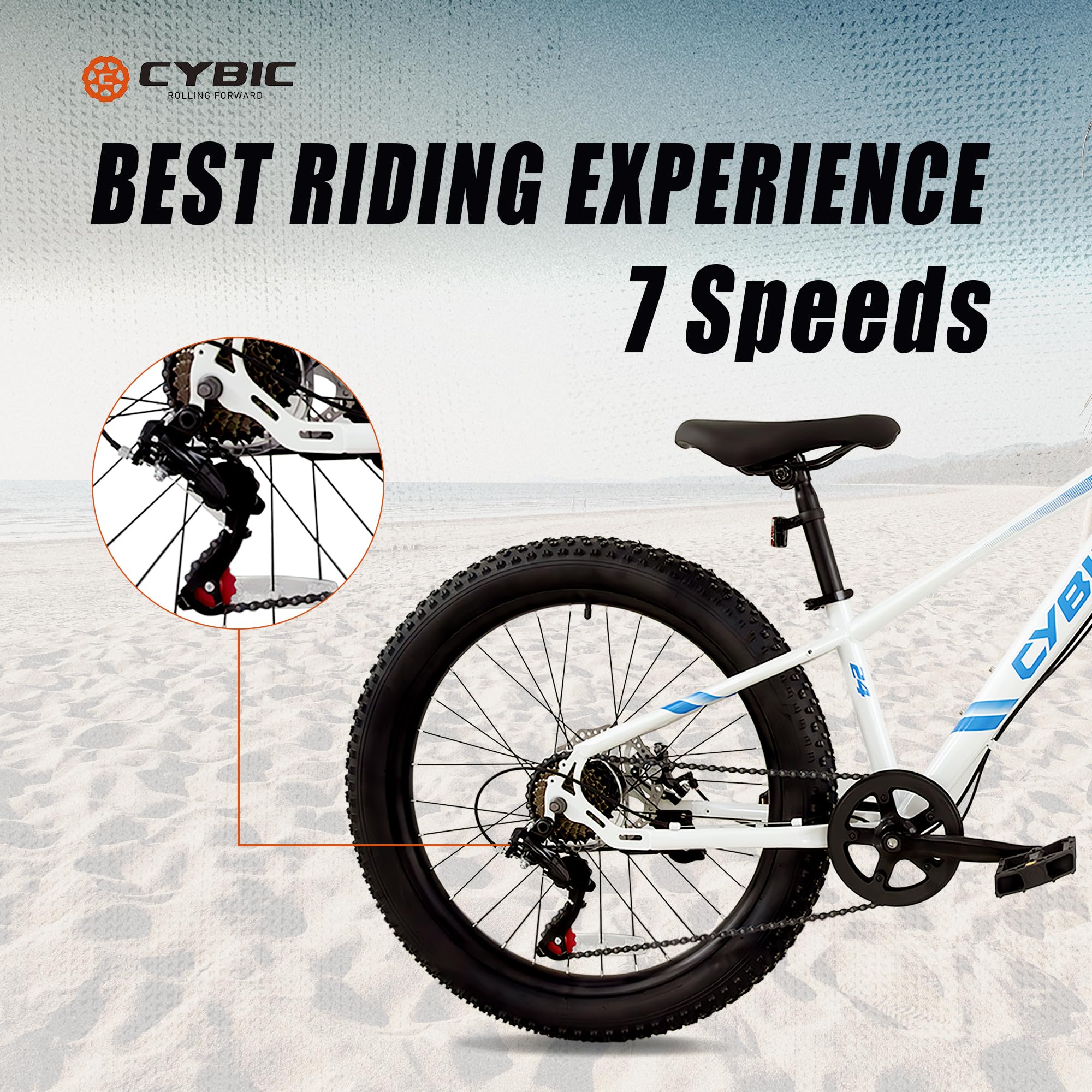 24 Inch Fat Tire Mountain Bike - 7 Speed High Carbon Steel Frame with Double Disc Brakes - Perfect for Off-Road Trails, Snow & Beach Riding