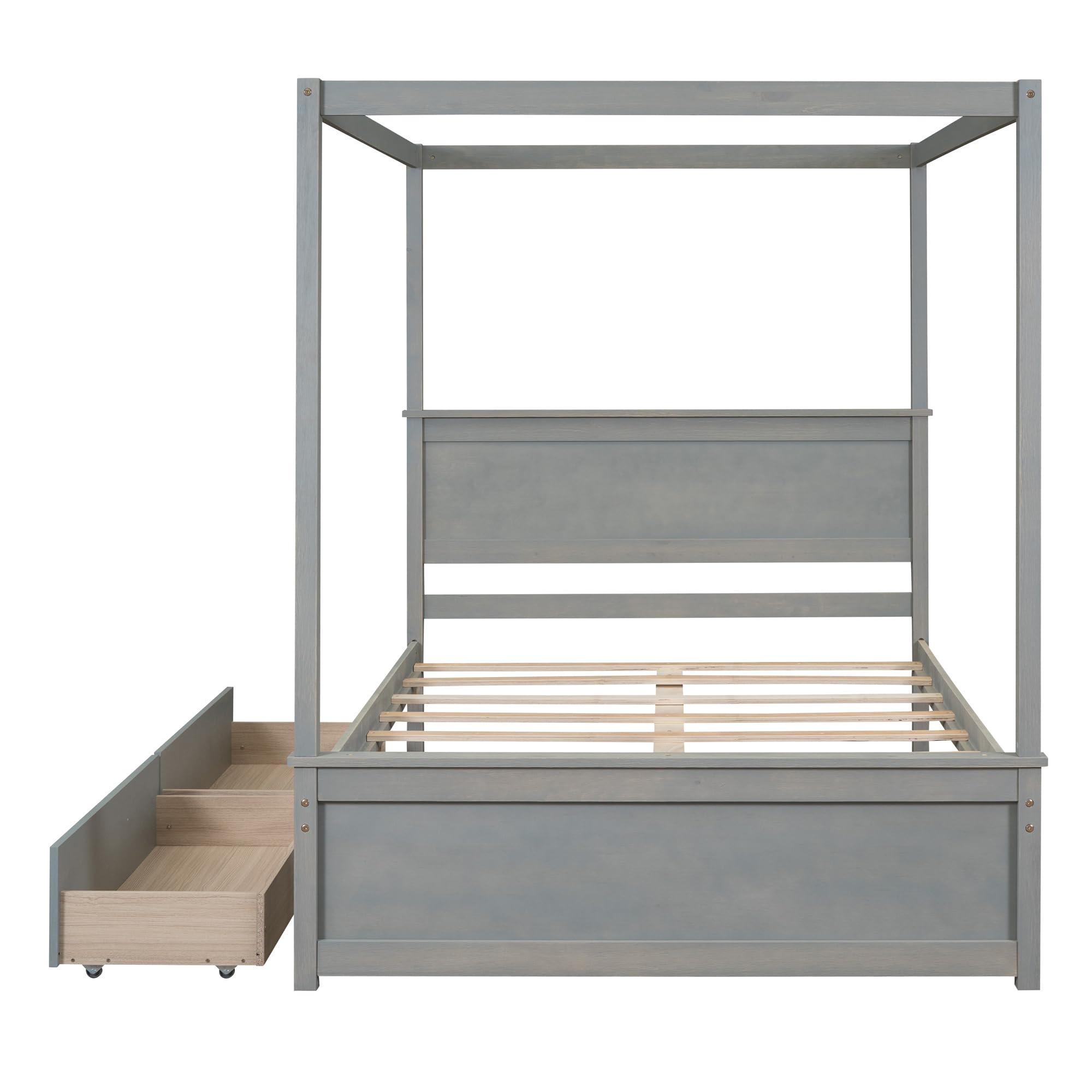 LZ LEISURE ZONE Full Size Wood Canopy Platform Bed with 2 Storage Drawers & Support Slats - Brushed Gray Finish - Perfect for Bedroom, Guest Room & Small Space Living