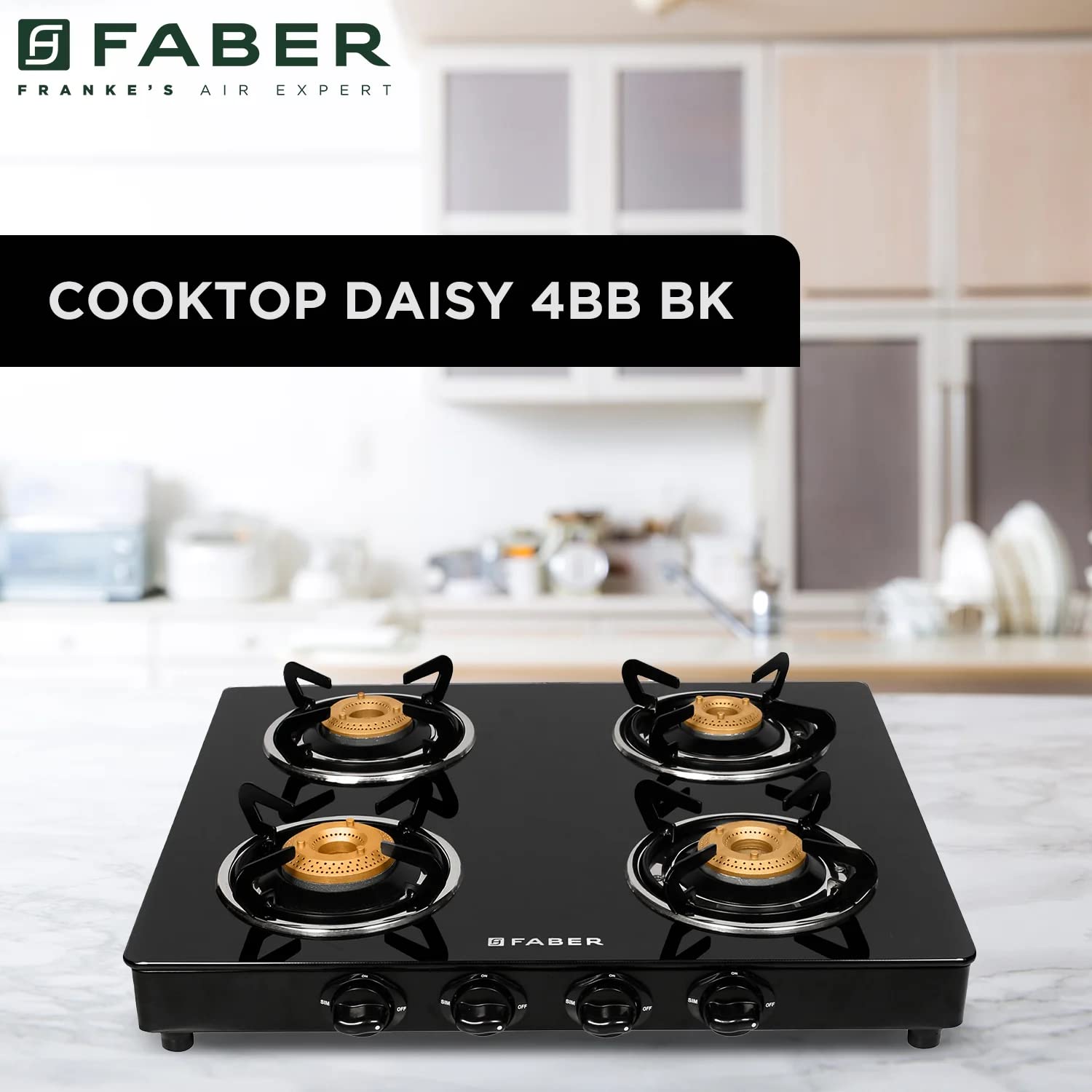 Faber Daisy 4-Burner Gas Stove with Glass Top - 2 Medium & 2 Small Brass Burners, Powder Coated Pan Support - Easy to Clean Manual Ignition Hob Cooktop (Black) - Perfect for Home Kitchen, RV Camping & Outdoor Cooking