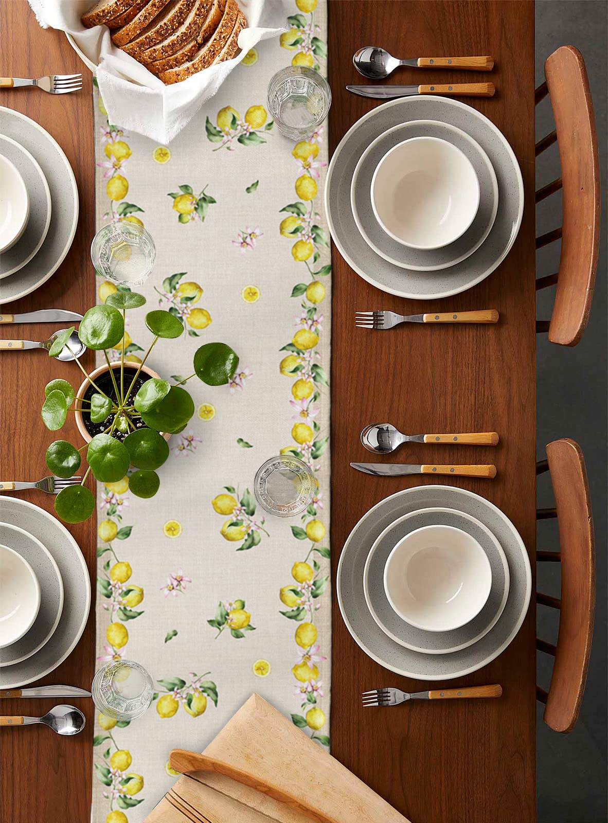 Farmhouse Lemon Gnomes Table Runner 48 Inches - Black & White Checkered Burlap Cotton Tablecloth for Kitchen, Dining, Coffee Tables - Perfect for Spring Summer Decor, Weddings & Home Parties