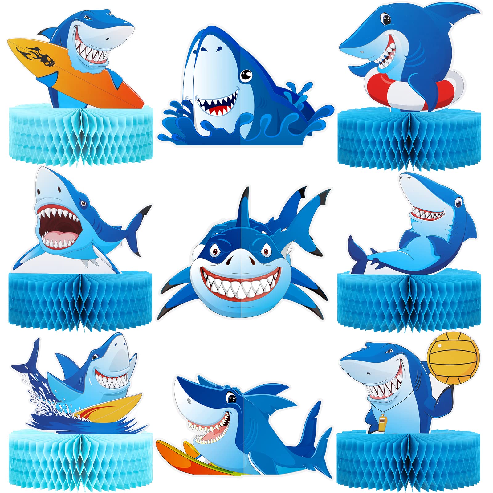 9 Pieces Shark Birthday Party Decorations Set - Honeycomb Table Centerpiece, Baby Shower & Sea Themed Party Supplies for Kids | Perfect for Underwater Ocean Theme Parties, Shark Week Celebrations & Nautical Birthday Decor