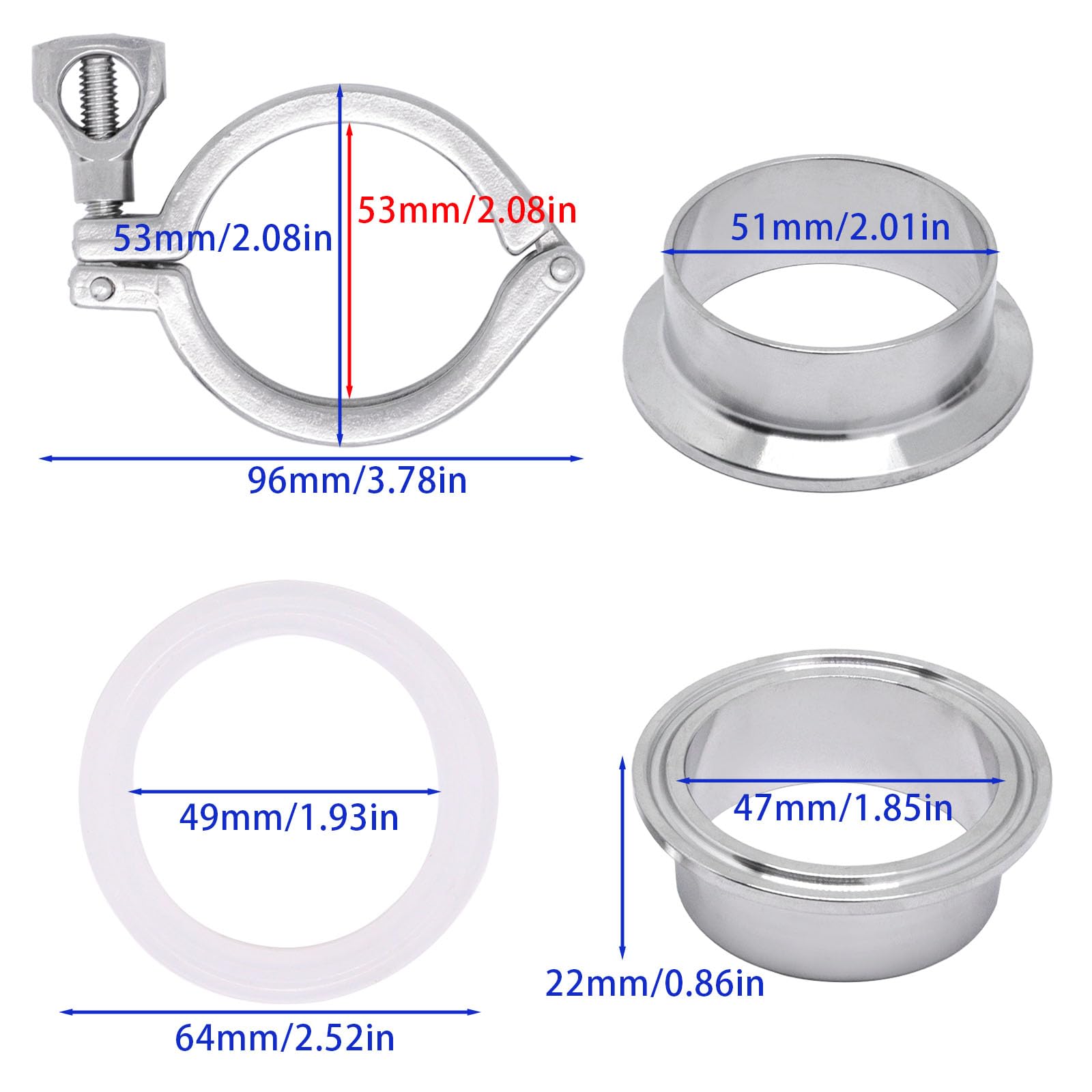Stainless Steel 304 Tri Clamp Sanitary Pipe Fitting - 3 Inch Heavy Duty Weld Ferrule with Wing Nut & Gasket for Food, Beverage & Pharmaceutical Industry | Brewery, Dairy & Biotech Applications