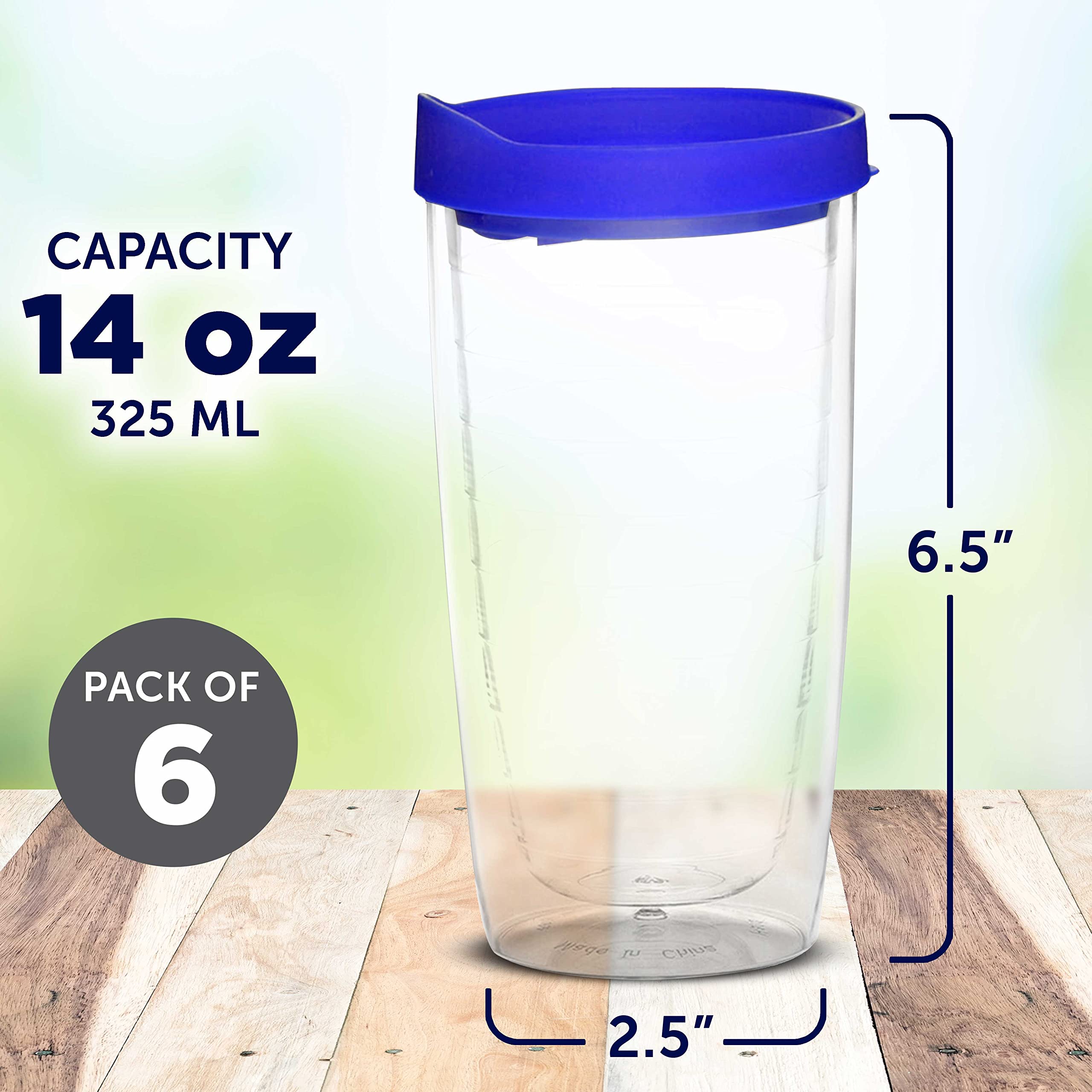 14 oz Double Wall Plastic Tumblers with Slide-Lock Lid - 6 Pack Insulated Travel Coffee Cups for Hot & Cold Drinks - BPA Free Reusable Tumblers for Office, Camping, Road Trips & Outdoor Activities - Blue