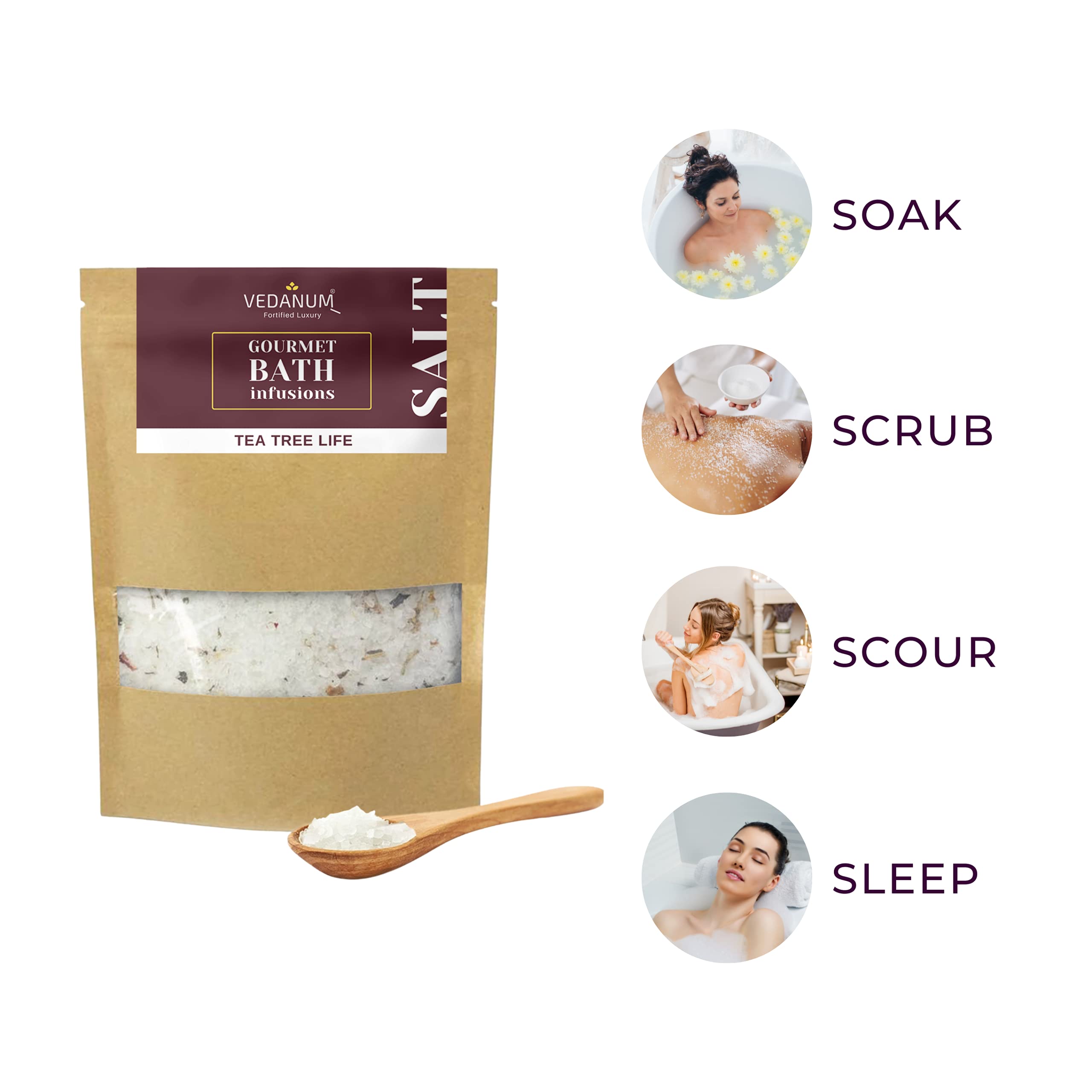 Vedanum Fortified Healing Epsom Salt with Tea Tree Oil & Minerals | Muscle Pain Relief, Skin Care, Body Massage & Relaxation | 1KG Pack for Bath Soak, Foot Soak & Stress Relief