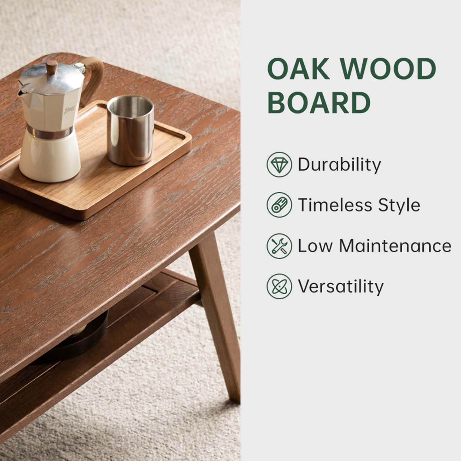 Solid Oak Wood Coffee Table - Mid Century Modern Design with Shelf Storage, Rounded Corners (31.5
