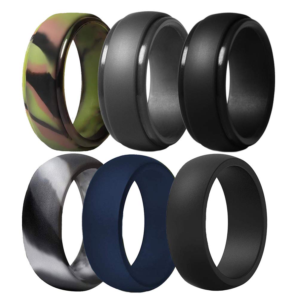 6 Pack Durable Silicone Wedding Rings for Men - Breathable Rubber Bands, 8.7mm Wide (Camo, Navy Blue, Dark Grey, Black) | Perfect for Gym, Swimming, Travel & Outdoor Activities