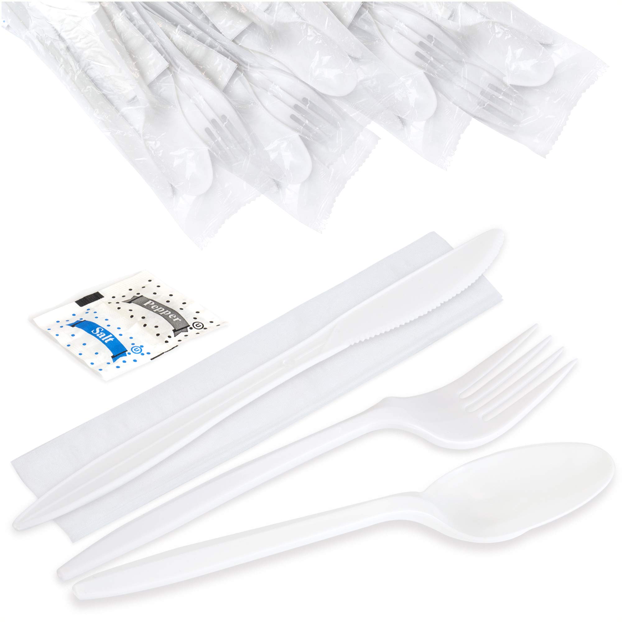 Fit Meal Prep 125-Pack Individually Wrapped Disposable Cutlery Set - Includes Spoon, Fork, Knife, Napkin, Salt & Pepper Packets - Perfect for Catering, Office Lunches, Picnics & Takeout Meals