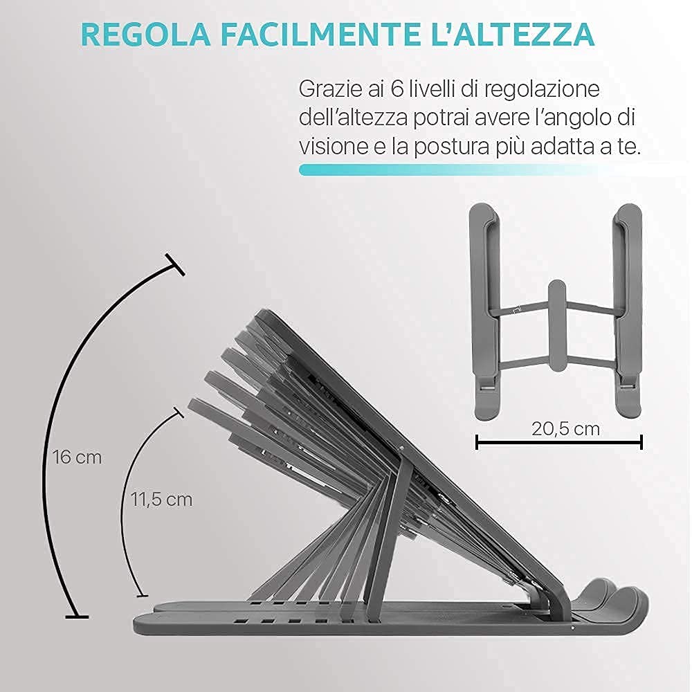 Porta PC Pieghevole Regolabile - Supporto per Laptop e Tablet con 6 Angoli, Design in Plastica e Silicone, Ideale per Ufficio, Casa e Viaggi