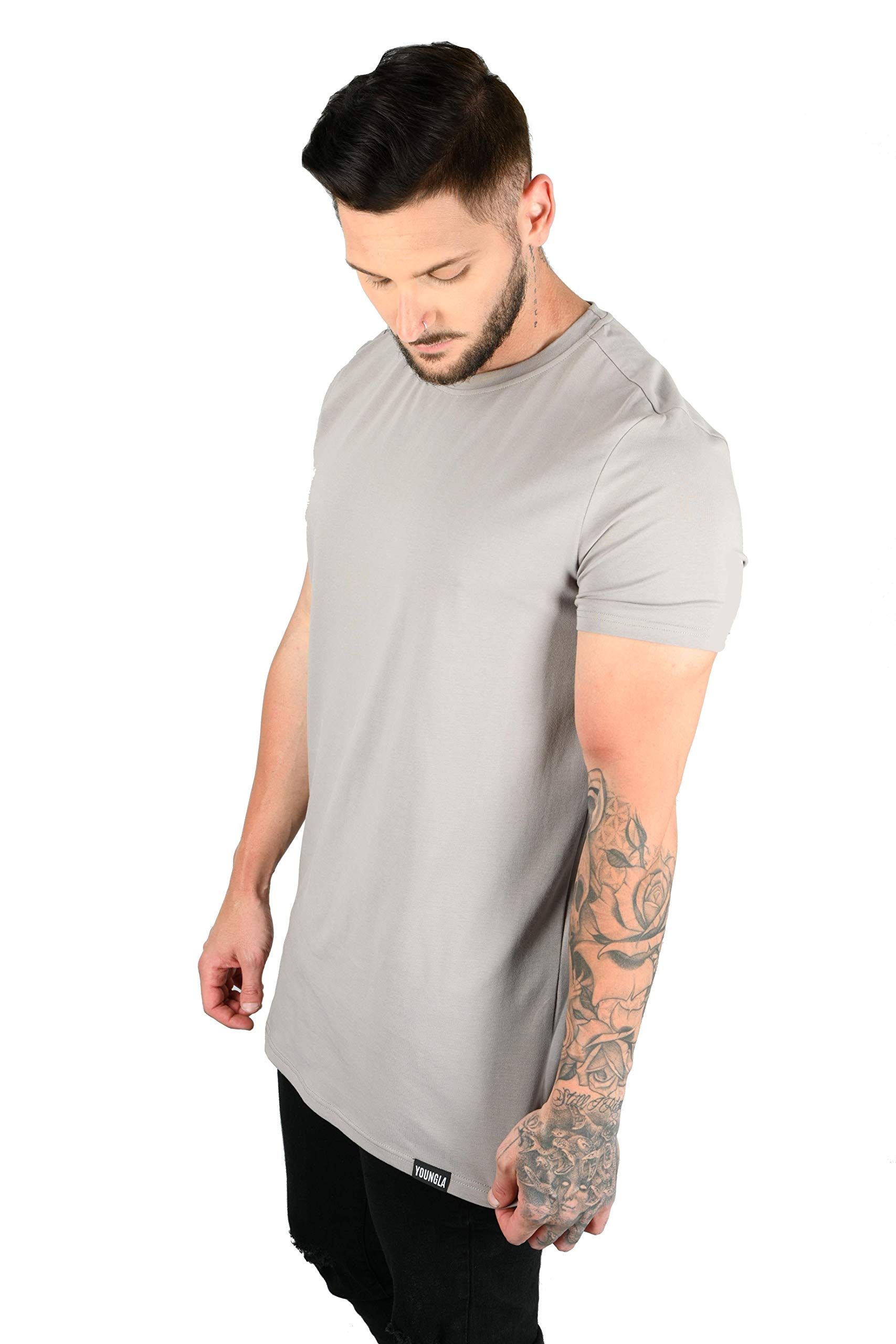 YoungLA Men's Minimalist Fitted T-Shirts | Slim Fit Long Drop Cut Tee for Gym & Workout | Breathable Cotton Shirt for Running, Training & Casual Wear