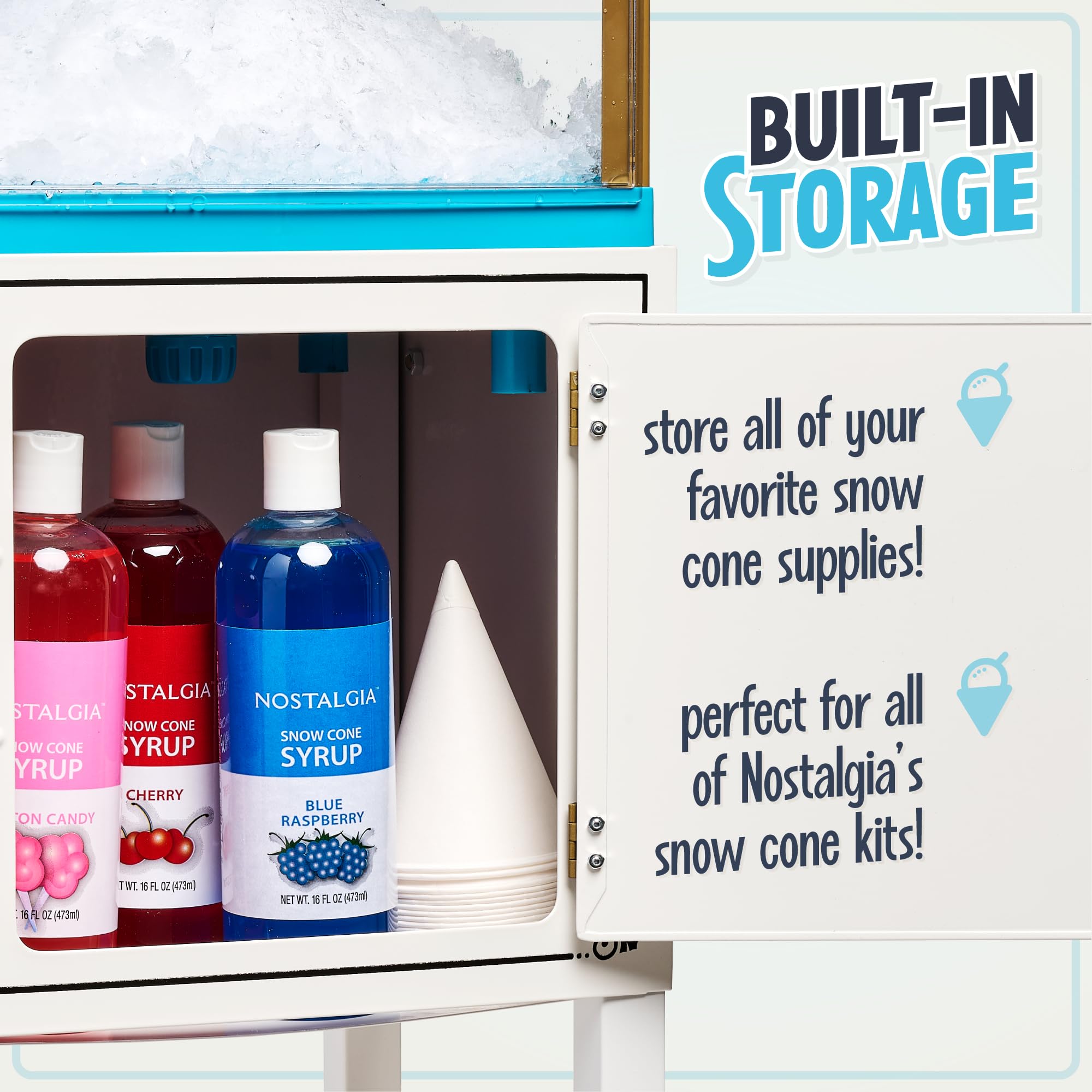 Nostalgia Retro Snow Cone & Shaved Ice Machine - Commercial-Grade Slushie Maker with Wheels for Easy Mobility - Includes Metal Scoop & Storage Compartment - Makes 48 Icy Treats - Perfect for Parties, Carnivals & Summer Events (White & Blue)