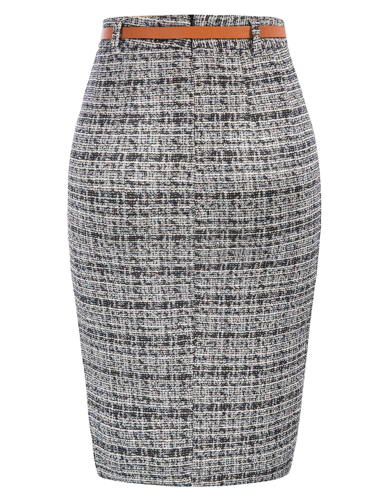 Kate Kasin Women's Tweed Pencil Skirt - Knee-Length Stretch Office Skirt with Belt & Side Slit | Elegant Workwear for Business, Cocktail Parties & Professional Occasions