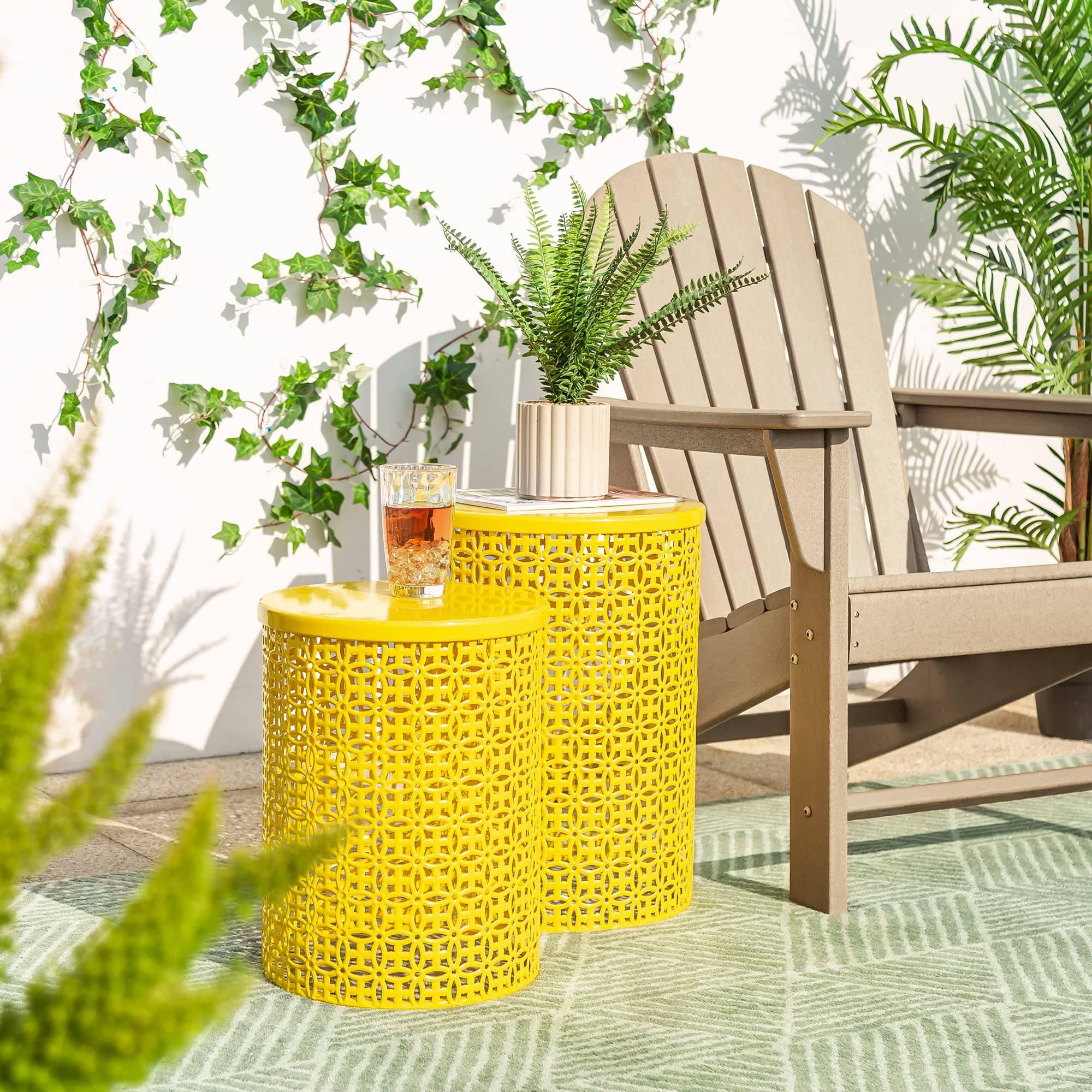 Glitzhome Outdoor Side Table Set of 2 - Heavy Duty Metal Frame Accent Tables for Garden, Patio & Indoor Decor - Modern Glossy Yellow End Tables - Perfect for Outdoor Entertaining, Poolside Lounging & Living Room Accents