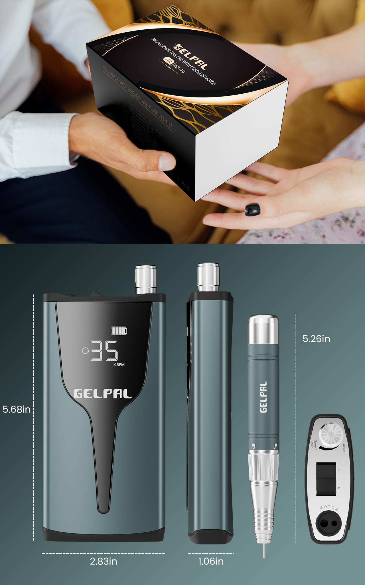 Professional Cordless Rechargeable Nail Drill - 35000RPM Brushless Motor Electric Nail File for Acrylic Nails, Low Noise & Heat - Perfect for Home Salon & DIY Manicures (Blue Grey)