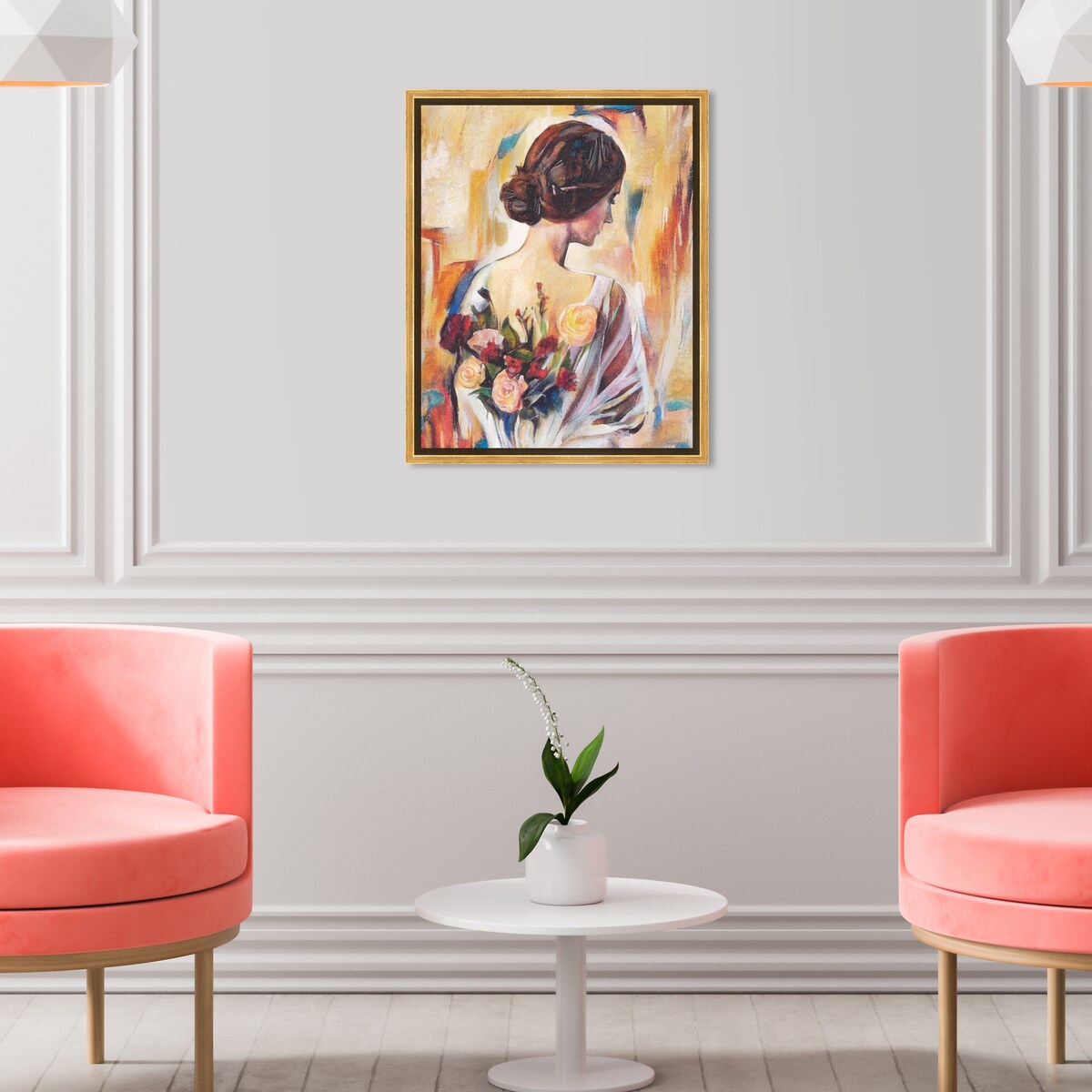 Modern White Framed Canvas Wall Art Print - Floral Back and Flowers Design for Female Beauty, Perfect for Bedroom Decor & Living Room Aesthetic